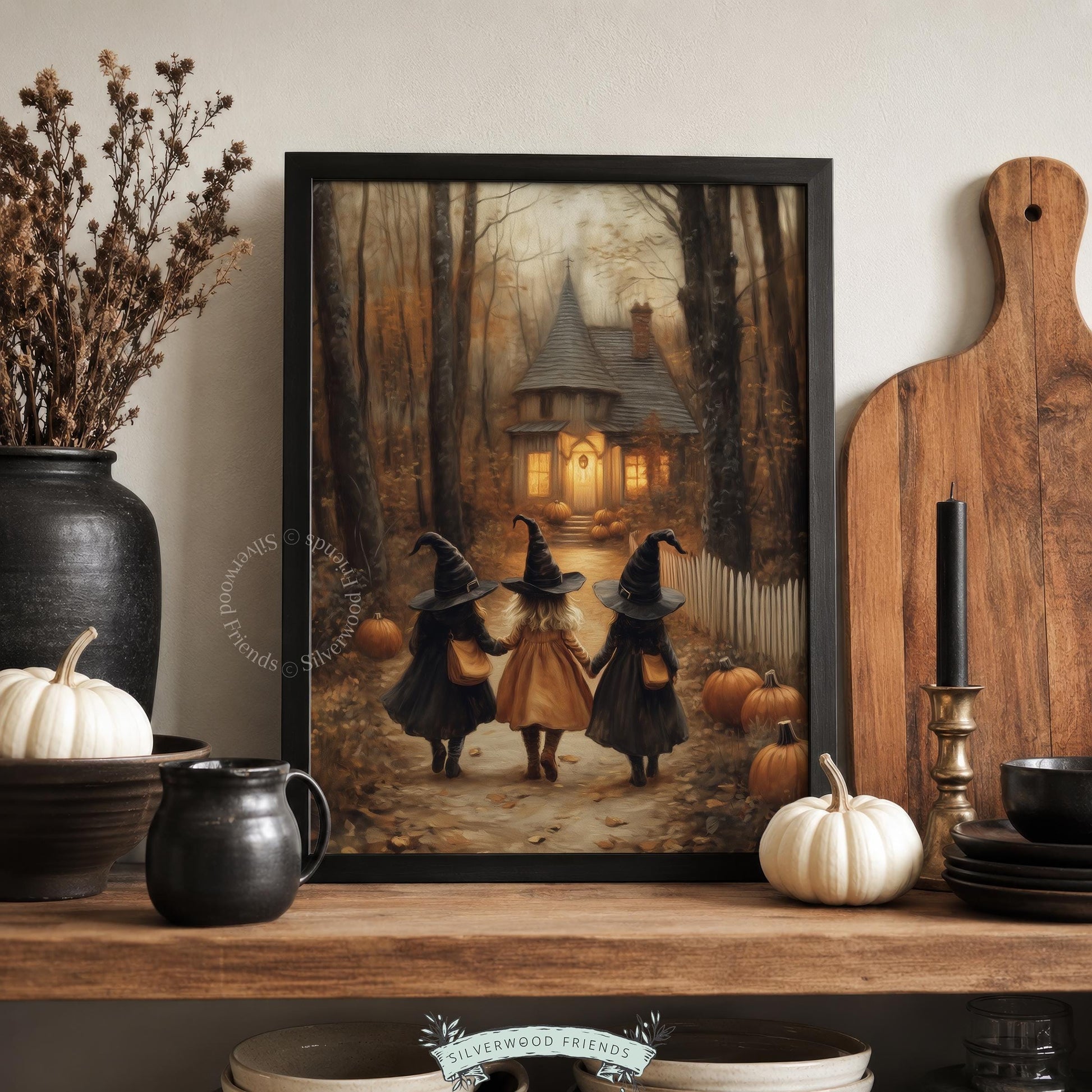 Halloween wall art instant download — witches journeying through moody amber-toned forest landscape