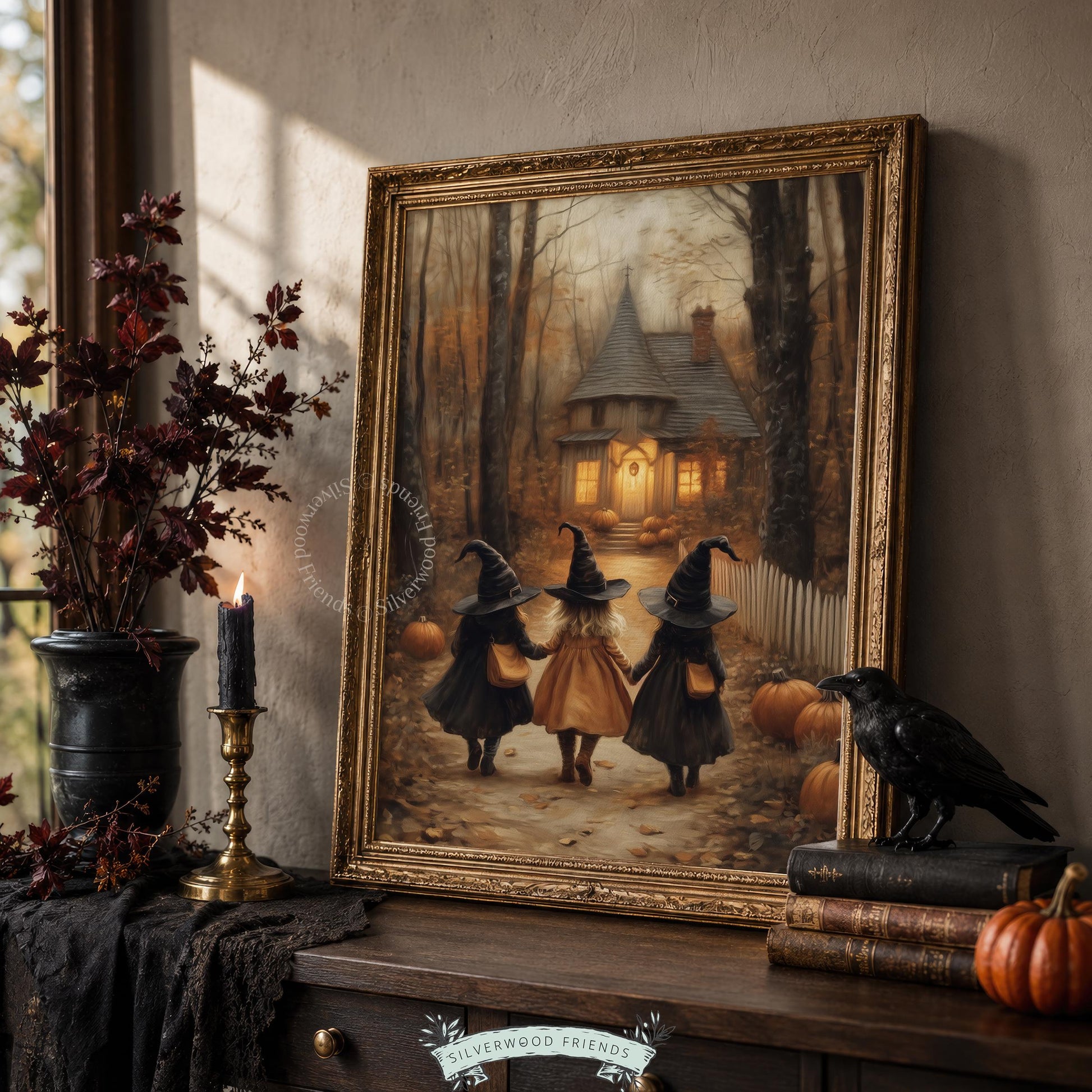Cozy fall witches digital artwork for office — storybook-style illustration with warm nostalgic color palette