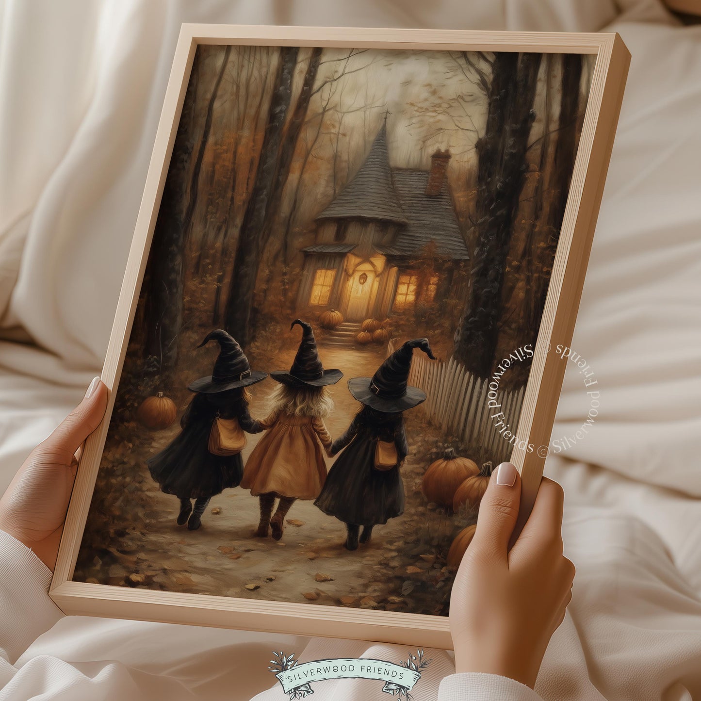 Spooky-cute Halloween artwork for entryway — vintage-style three witches forest journey with warm ambiance