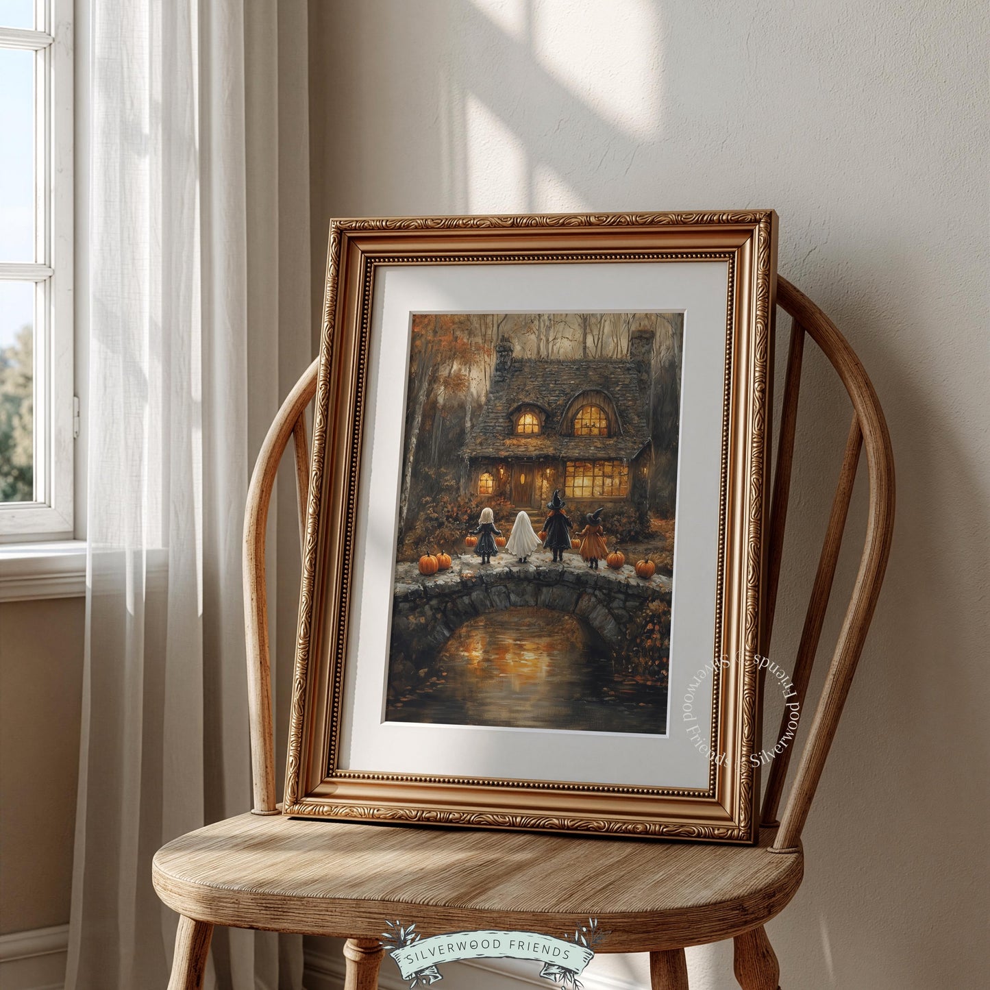 Trick-or-treat scene printable art for kids' room — rustic stone house with glowing windows and textured warmth