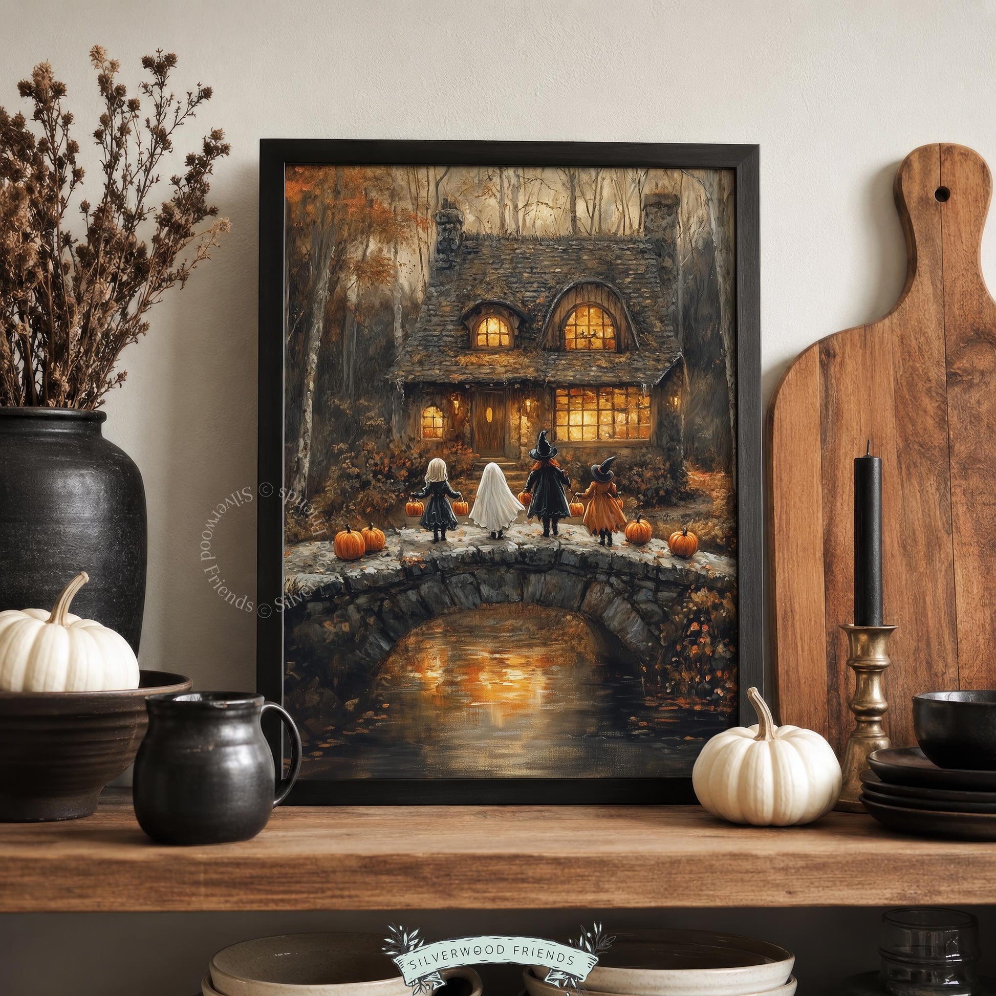 Halloween at stone manor printable art for den — atmospheric vintage scene with textured style and cozy-spooky feel