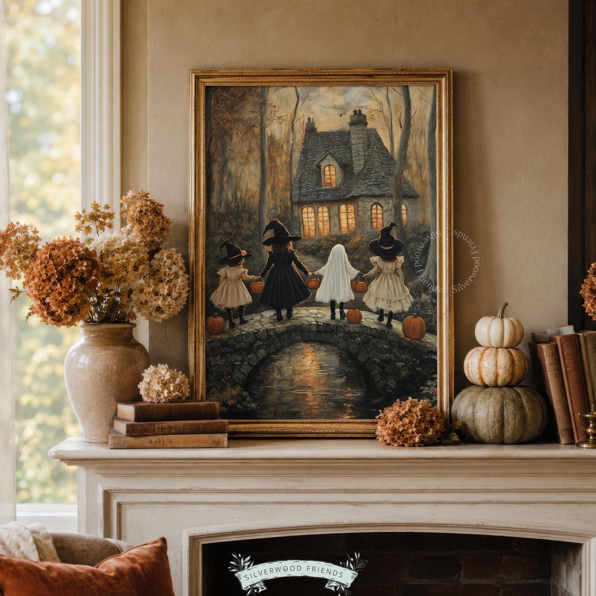 Cottagcore Halloween wall art featuring young trick-or-treaters — moody seasonal picture with glowing arched windows