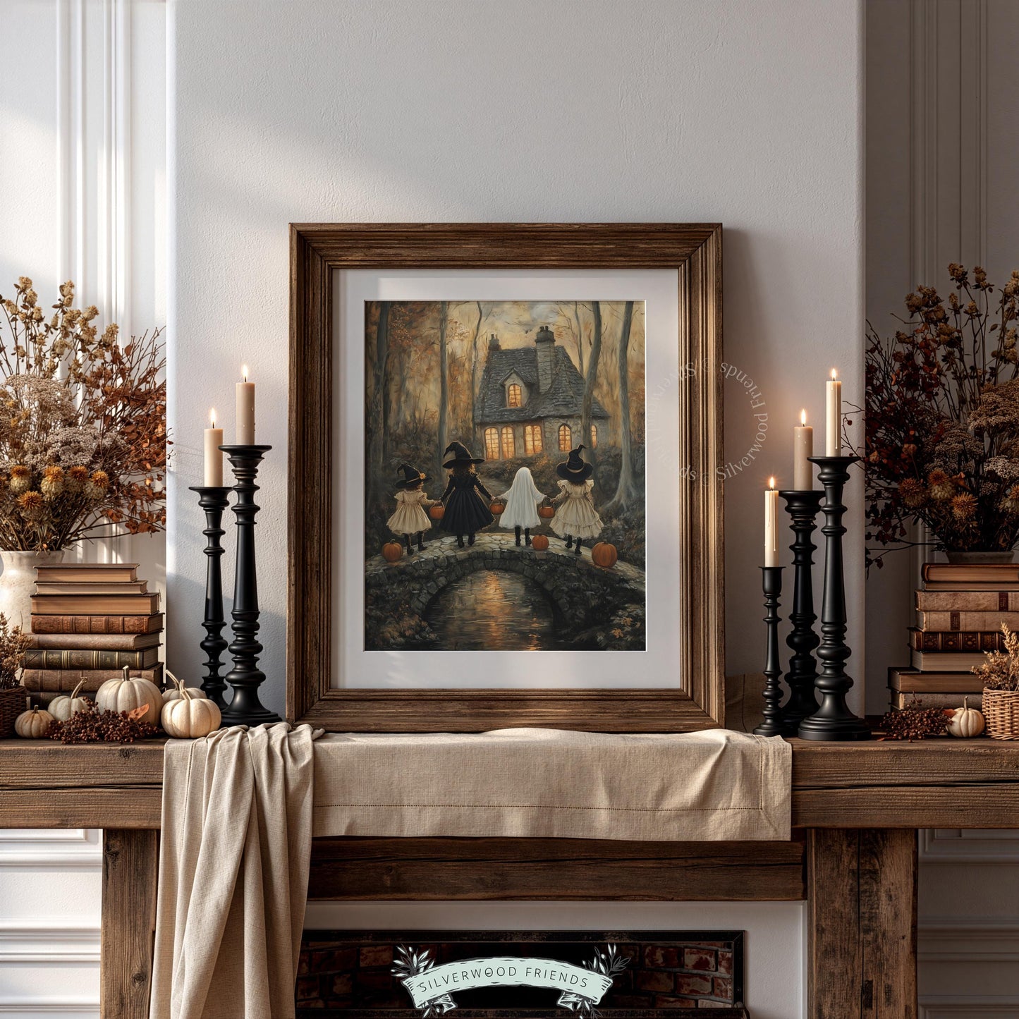 Vintage autumn cottage scene poster instant download — kids with pumpkin buckets and spooky seasonal aesthetic