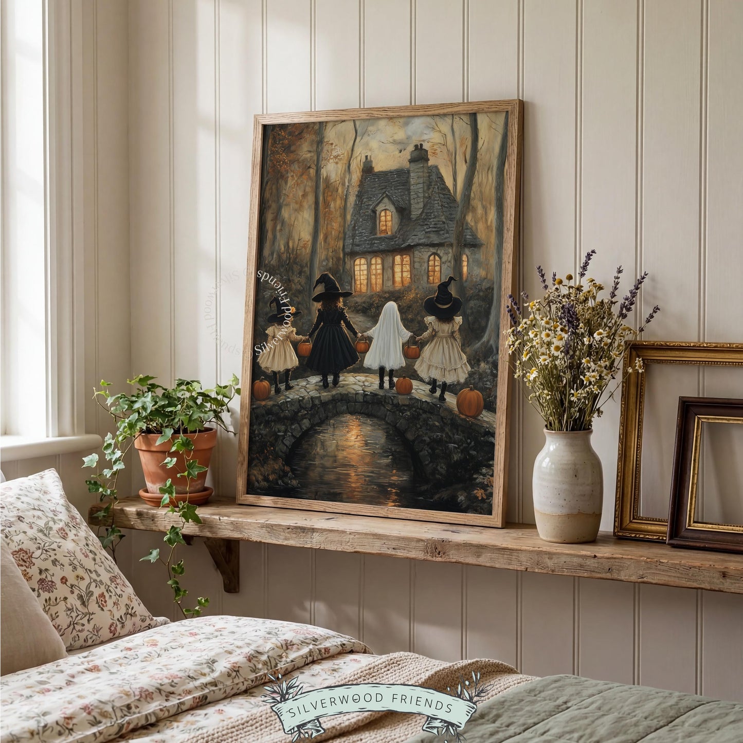 Dark academia Halloween wall print — children in costume artwork featuring stone bridge and atmospheric evening glow