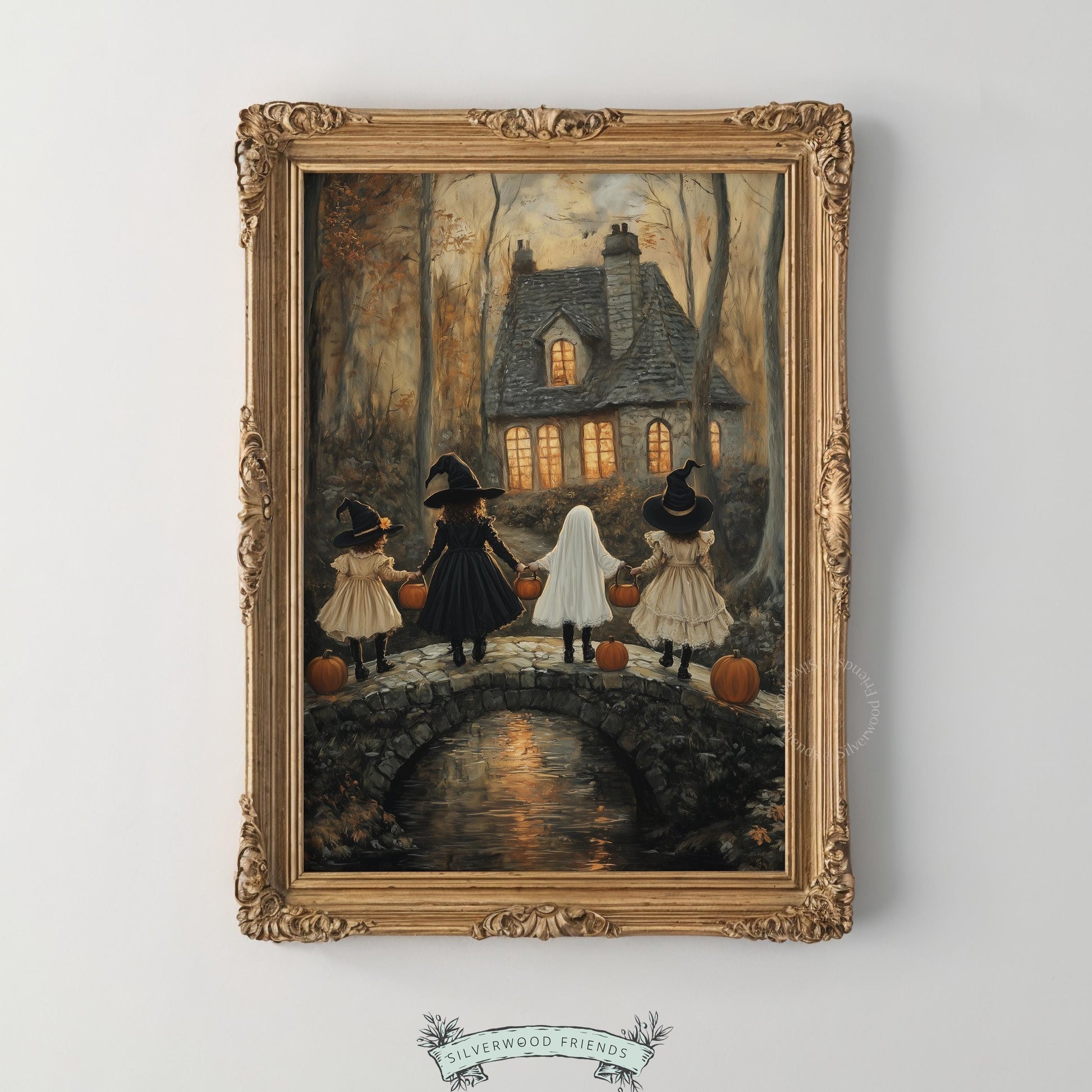 Vintage Halloween illustration wall print featuring costume parade — dark cozy aesthetic with weathered cottage and pumpkins
