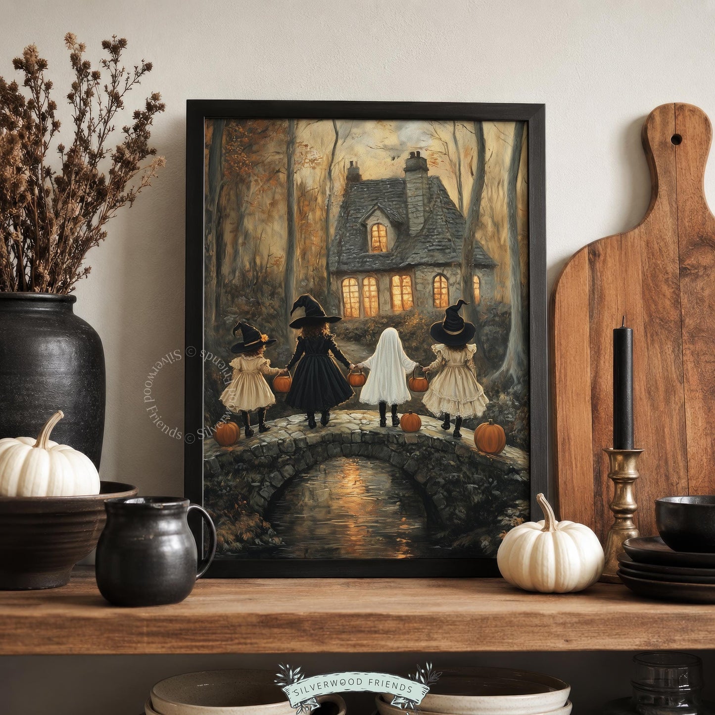 Spooky kids painting for nursery — printable art showing children in costumes approaching warmly lit home