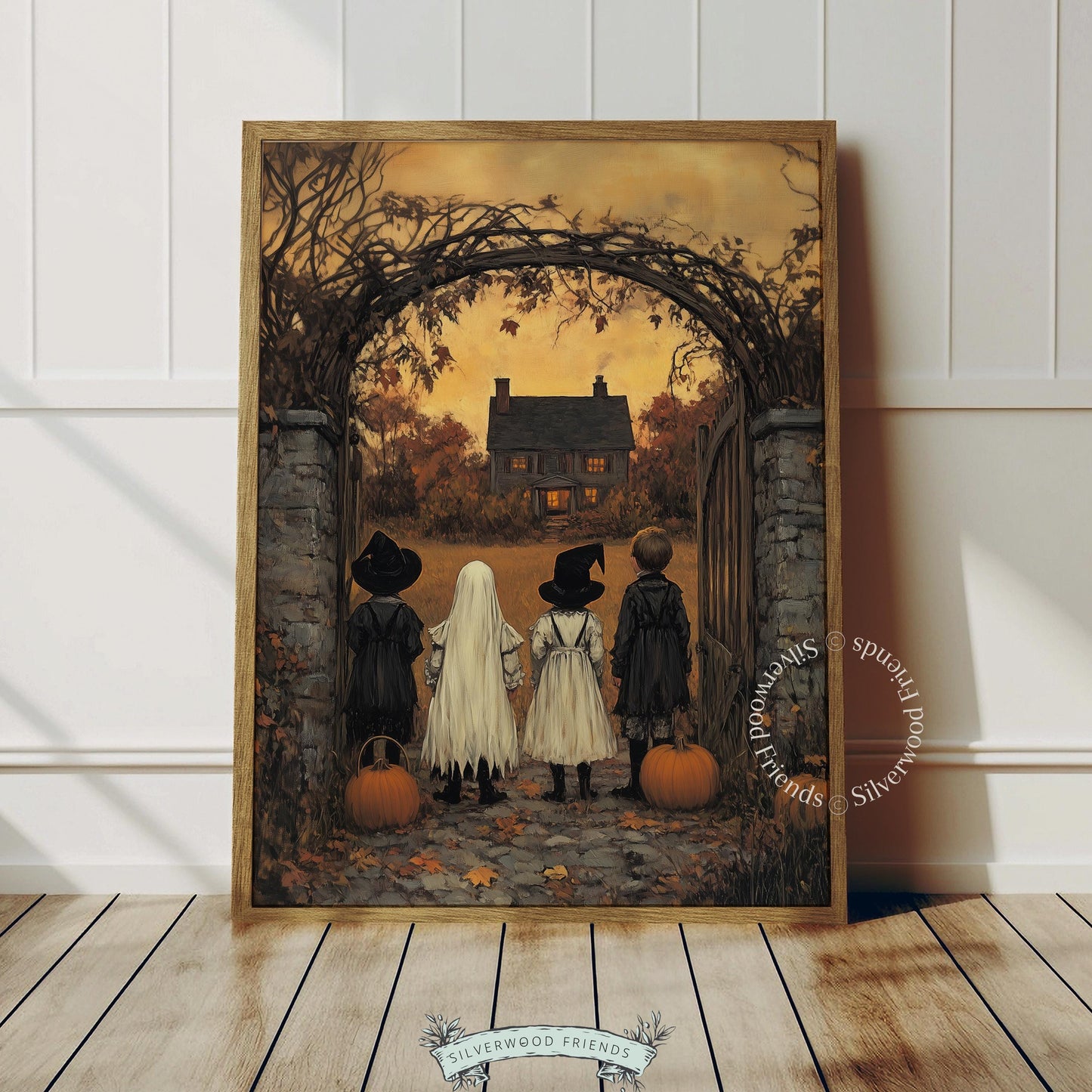 Spooky season storybook picture printable art — moody vintage harvest gathering with twisted branches framing