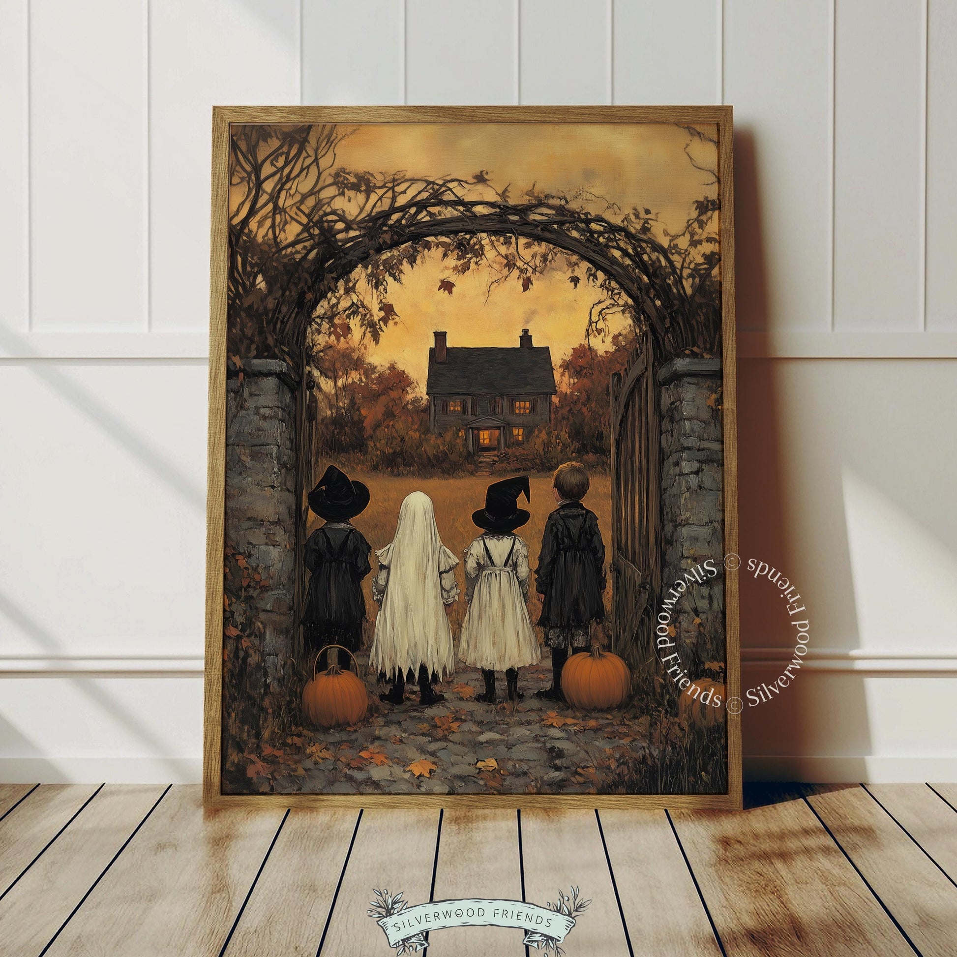 Spooky season storybook picture printable art — moody vintage harvest gathering with twisted branches framing