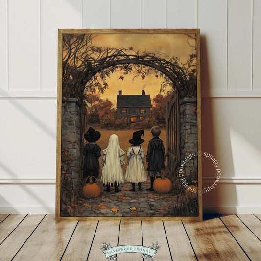 Spooky season storybook picture printable art — moody vintage harvest gathering with twisted branches framing