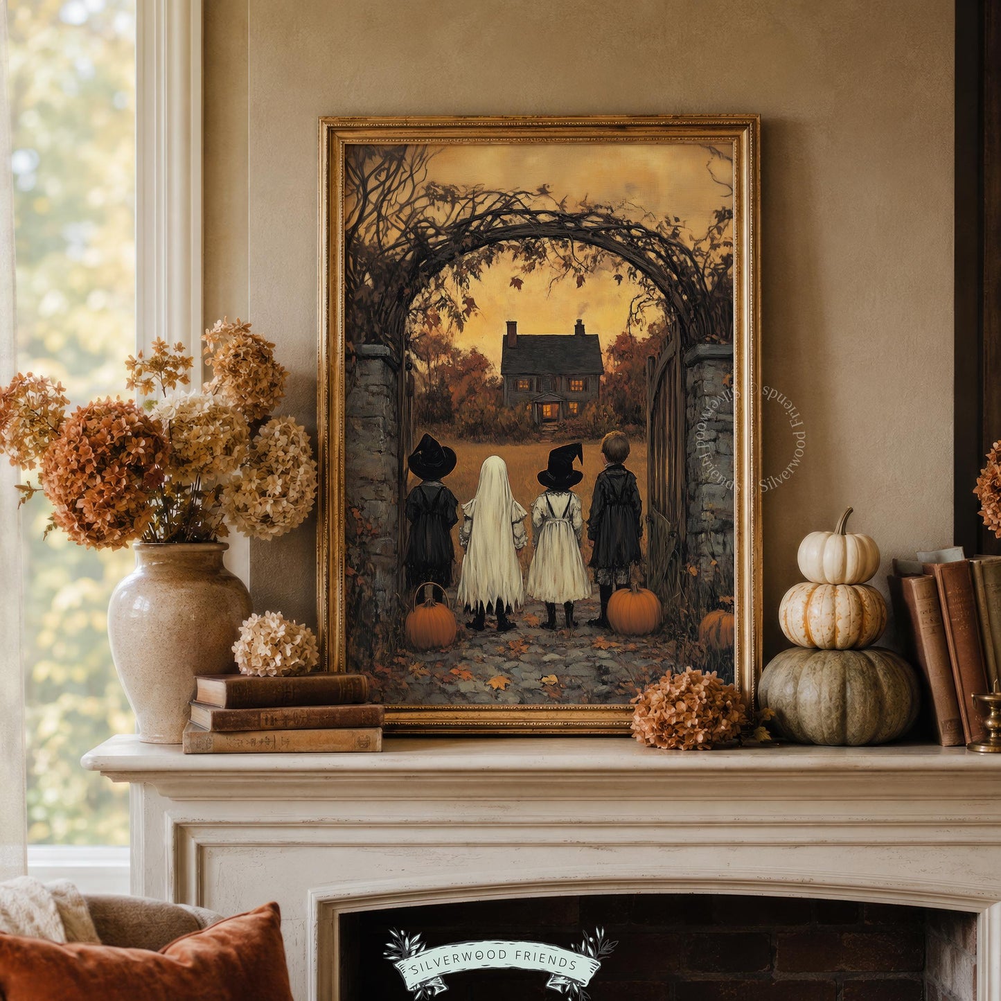 Young costumed travelers digital print for gothic home decor — haunting dusk scene with textured vintage brushwork