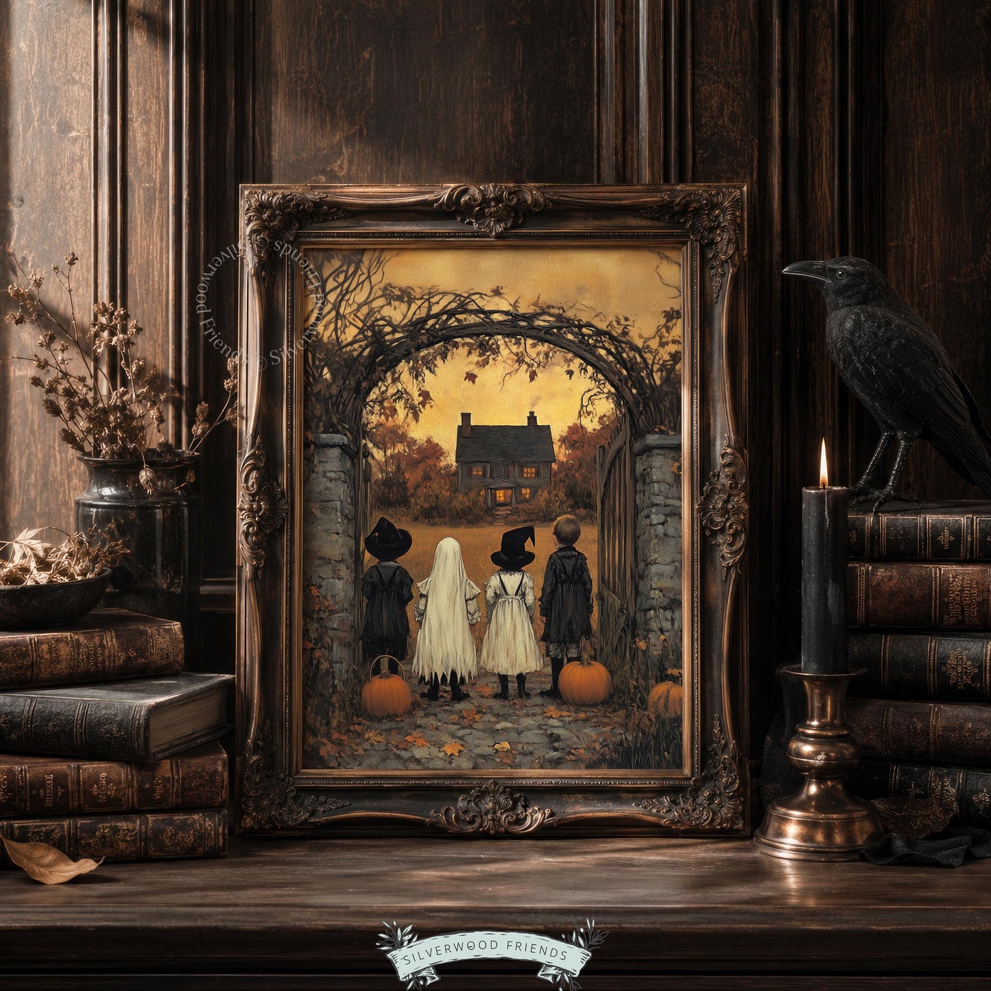 Kids dressed as spirits digital print for hallway — atmospheric haunted cottage scene with warm amber lighting