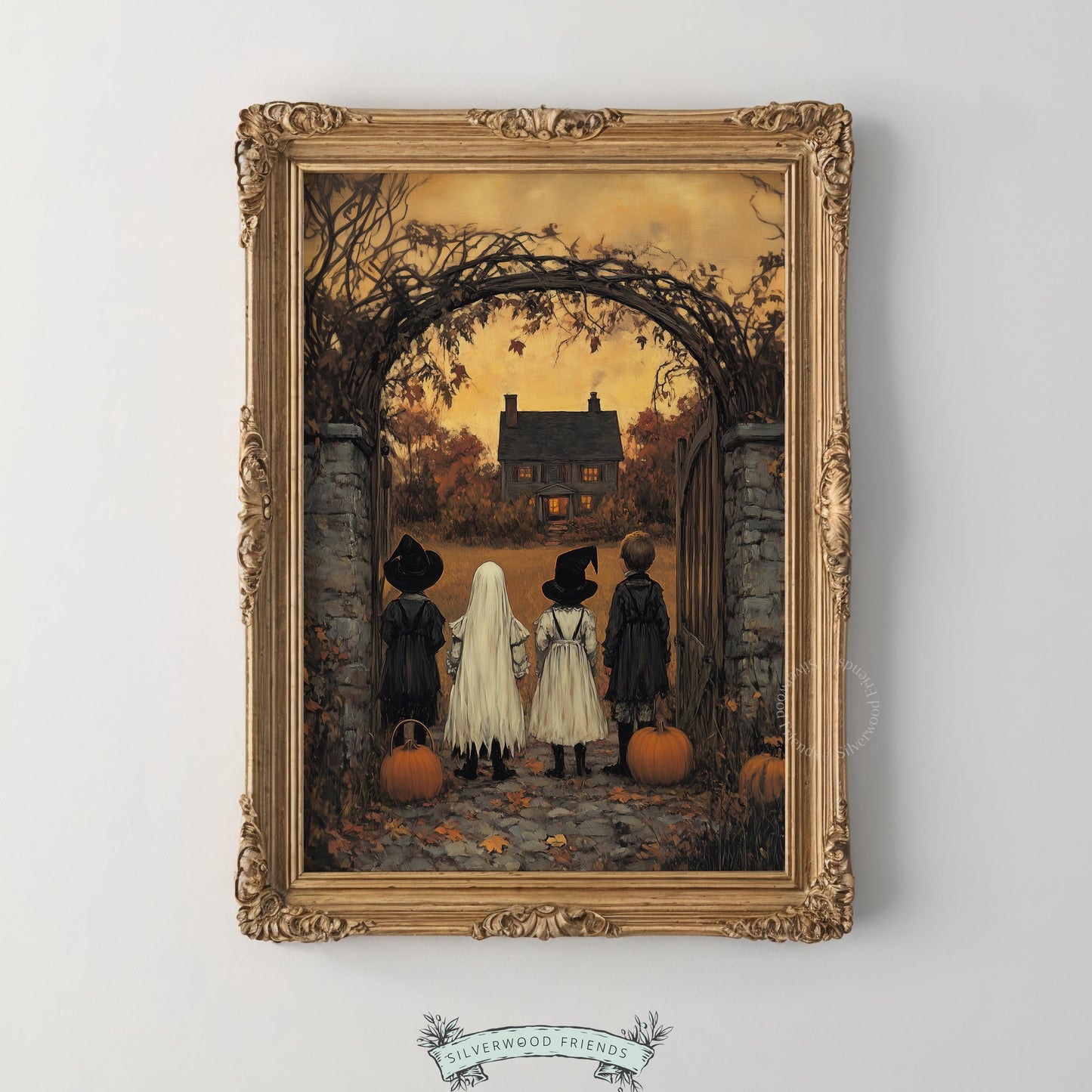 Children in Halloween costumes wall art for bedroom — vintage spooky scene with glowing farmhouse and autumn leaves