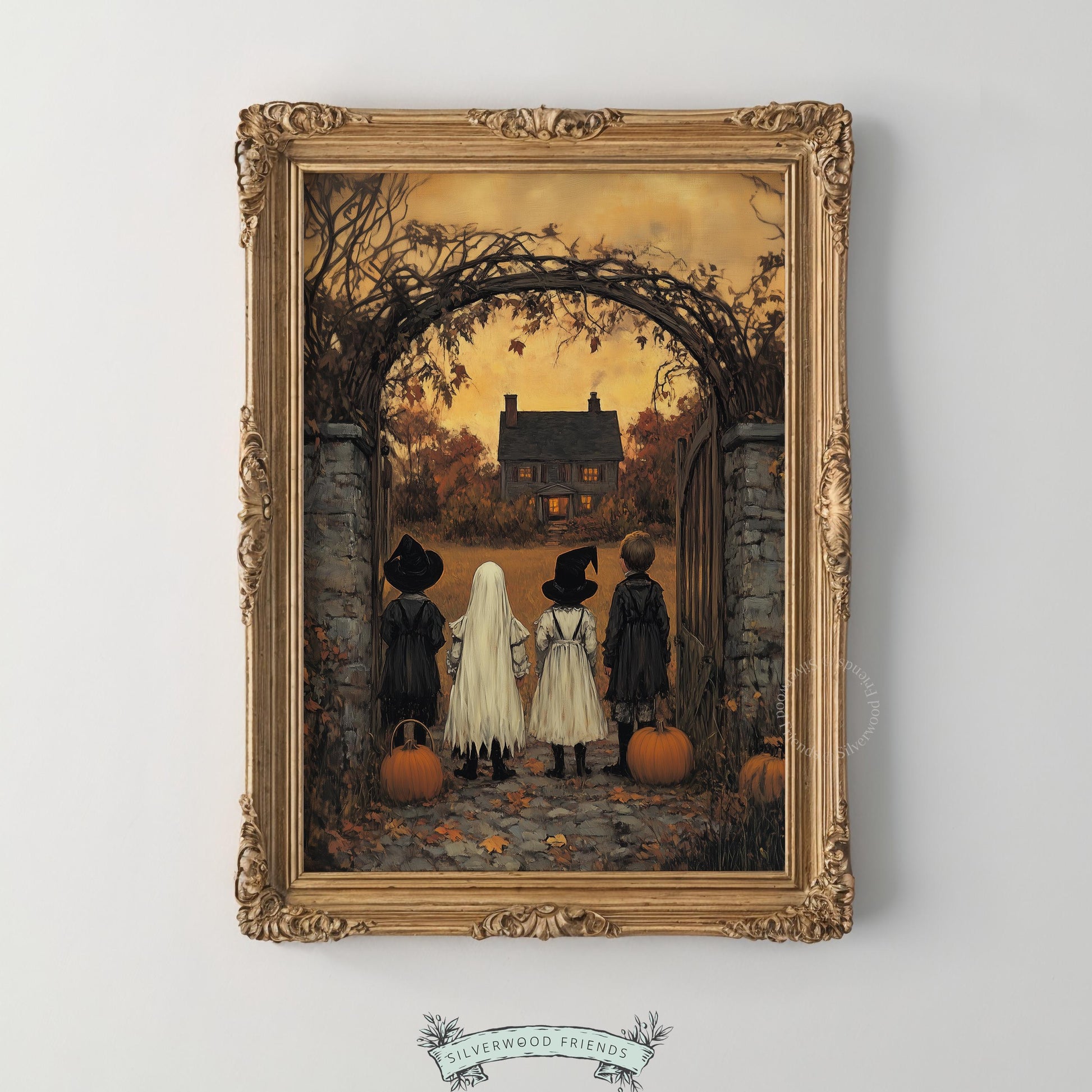 Children in Halloween costumes wall art for bedroom — vintage spooky scene with glowing farmhouse and autumn leaves