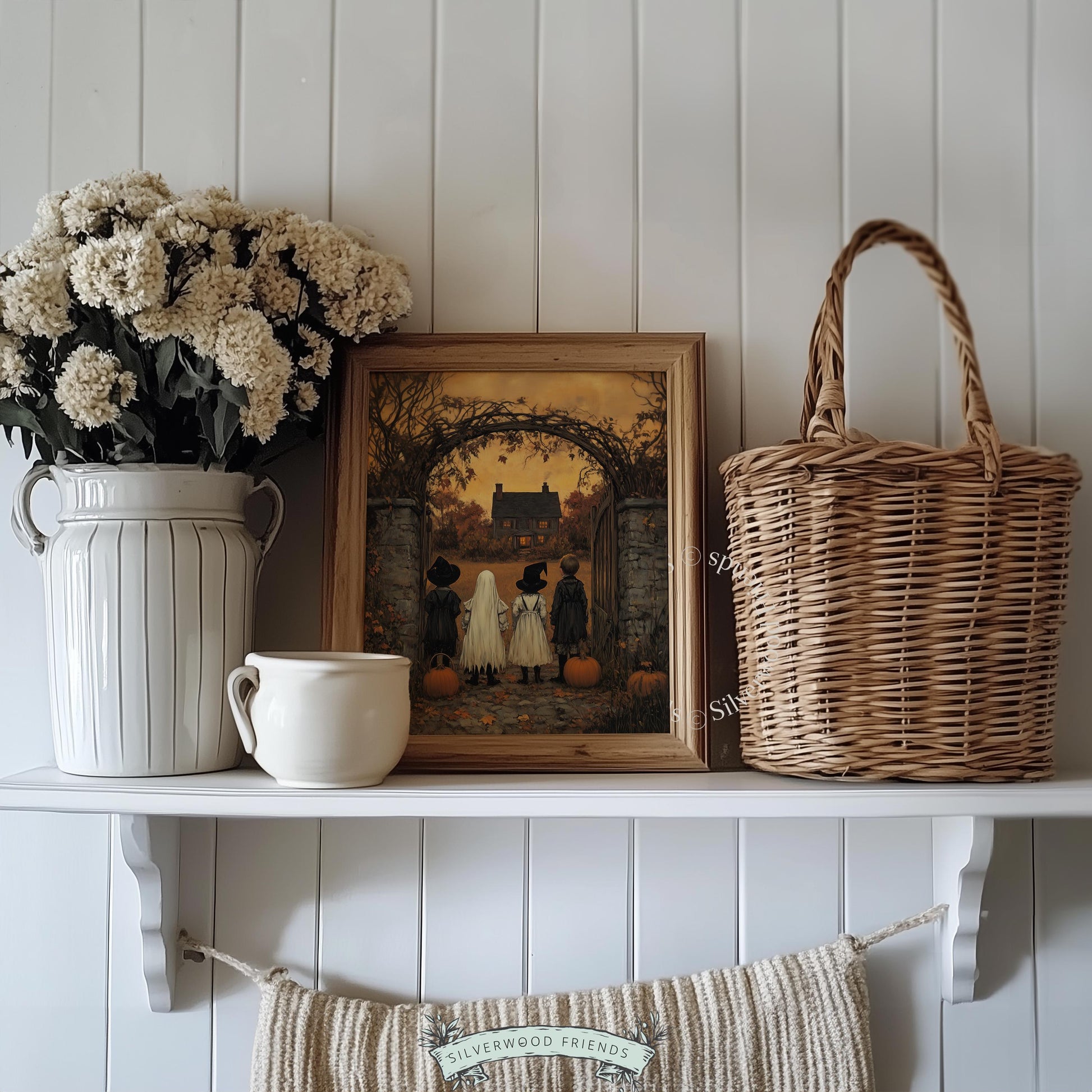 Spooky storybook gathering digital print for October wall displays — vintage atmospheric artwork with glowing farmhouse backdrop