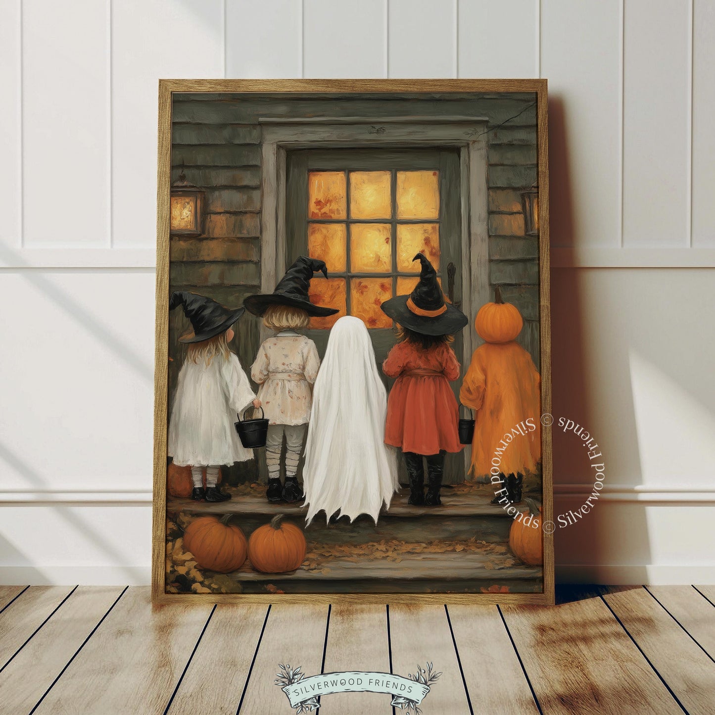 Classic Halloween moment wall print — costumed children silhouetted approaching weathered house with warm interior light