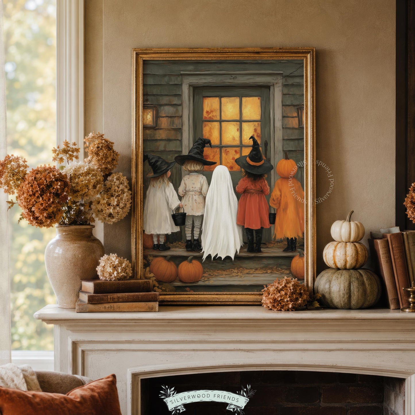 Trick-or-treat scene printable wall art — kids from behind with witch hats and festive costumes in soft vintage style