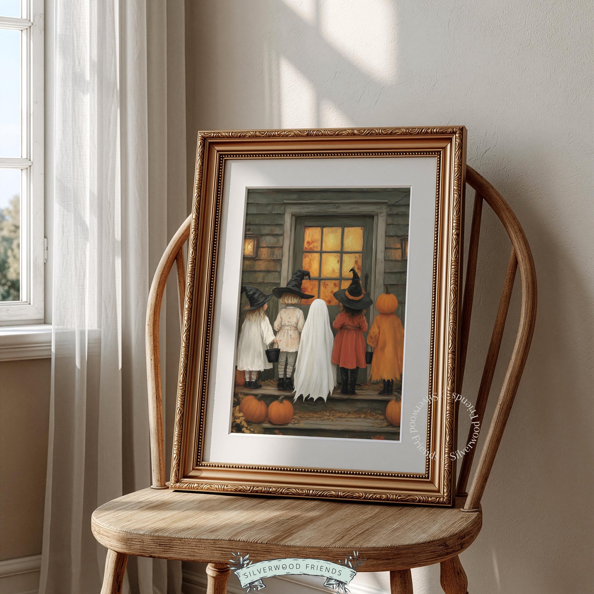Autumn holiday poster with costumed children — textured artwork featuring soft amber lighting and nostalgic charm