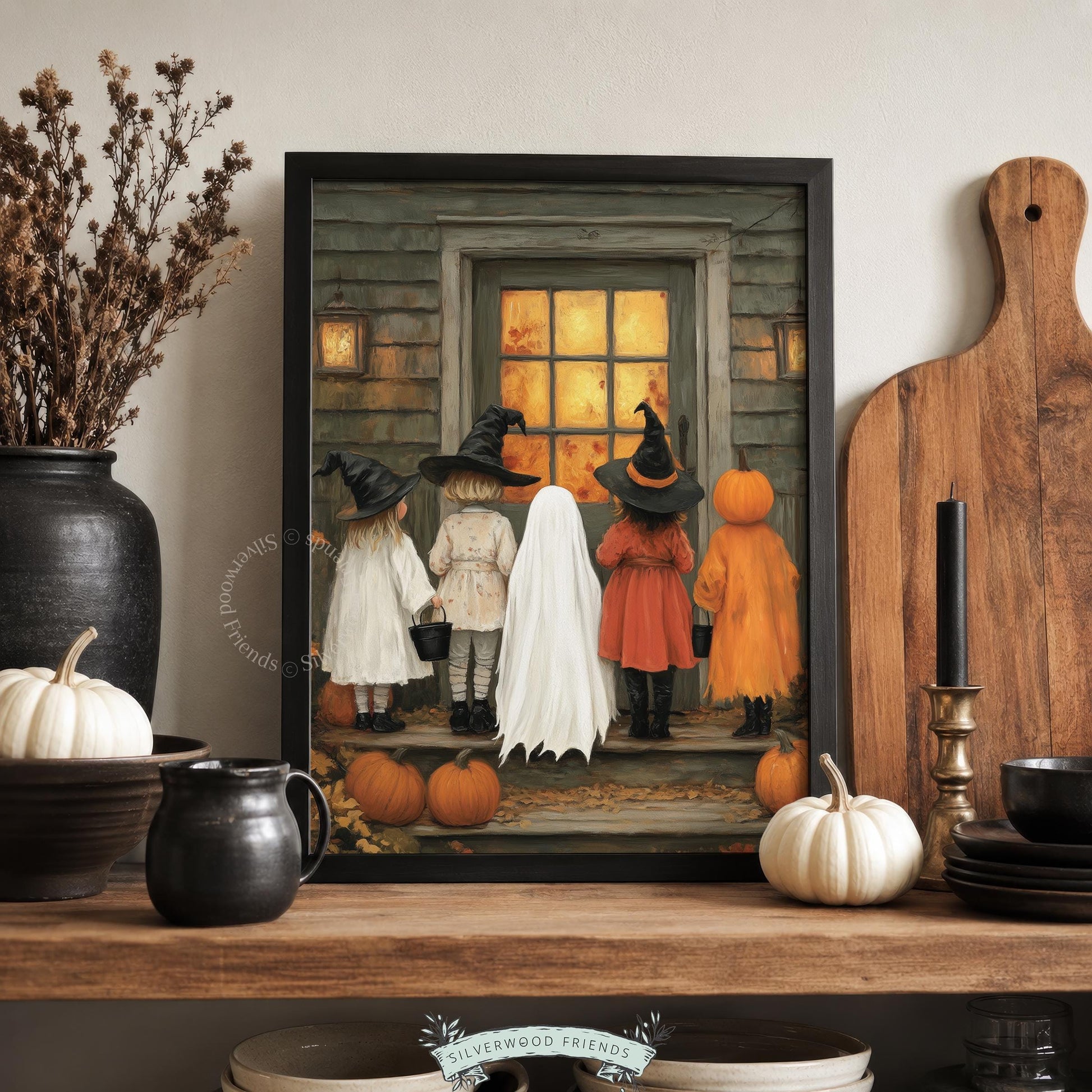 Young costumed visitors digital print for bedroom — storybook-style Halloween night with rustic cabin aesthetic