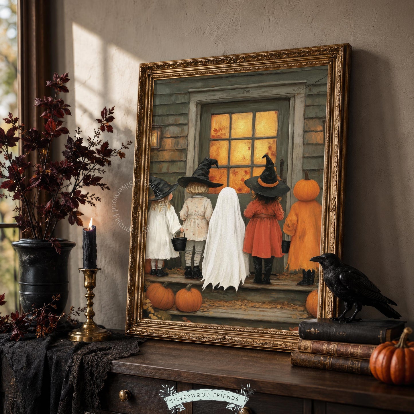Spooky gathering wall art for entryway displays — trick-or-treating youngsters in classic Halloween dress approaching home