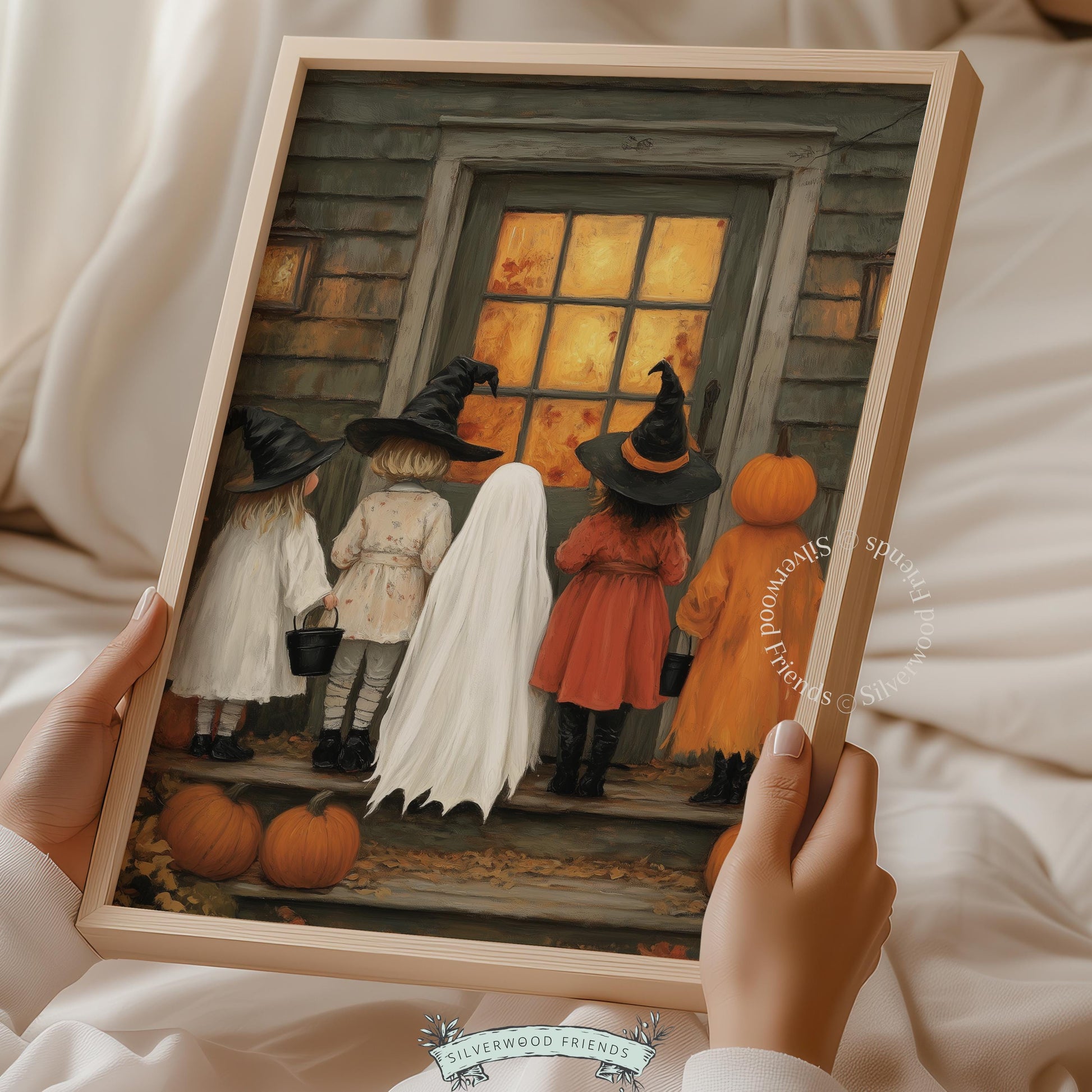 Costumed kids approaching door printable art for living room — nostalgic autumn evening in warm amber tones