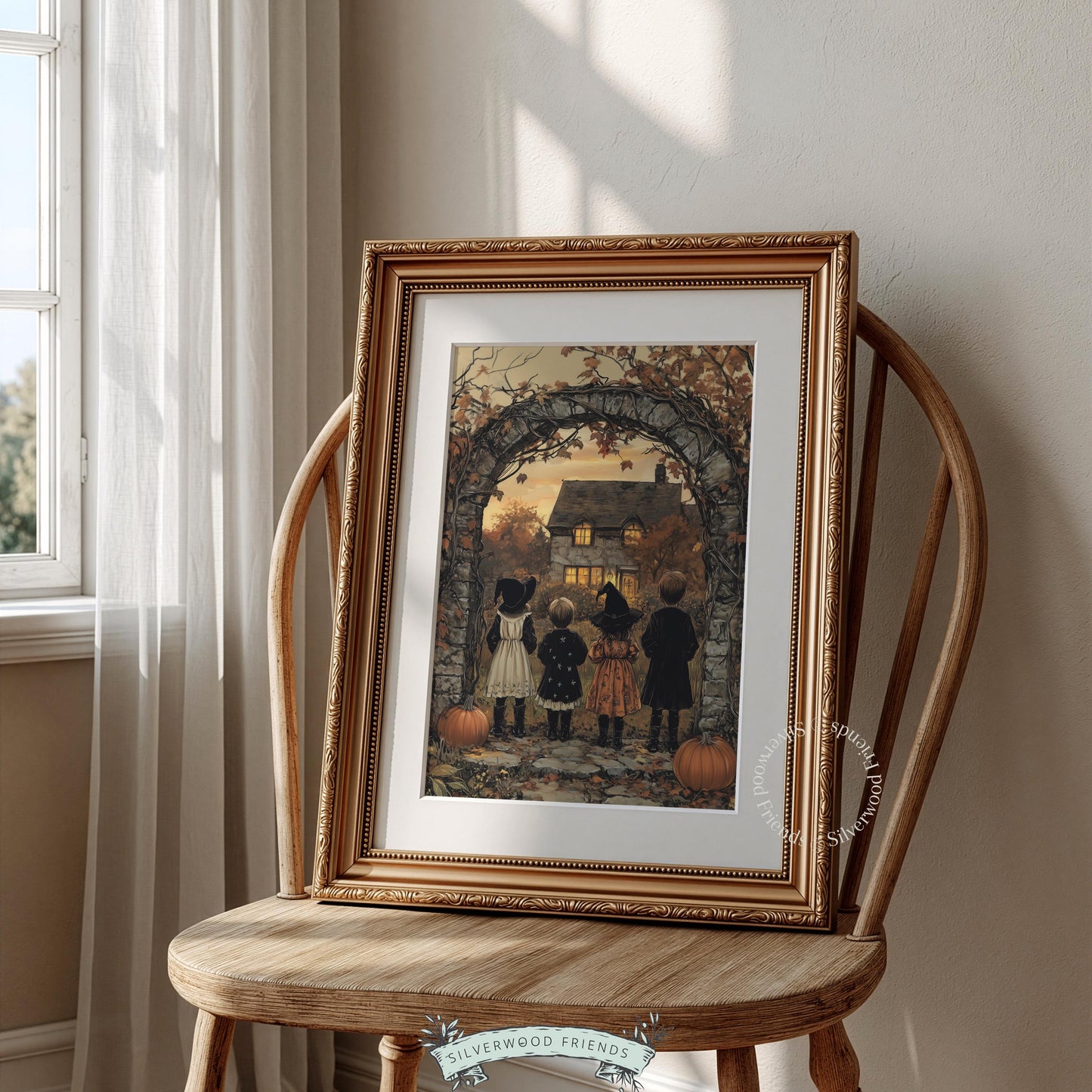 Autumn cottage painting for hallway — child figures in costumes, amber lighting, cottagecore Halloween charm