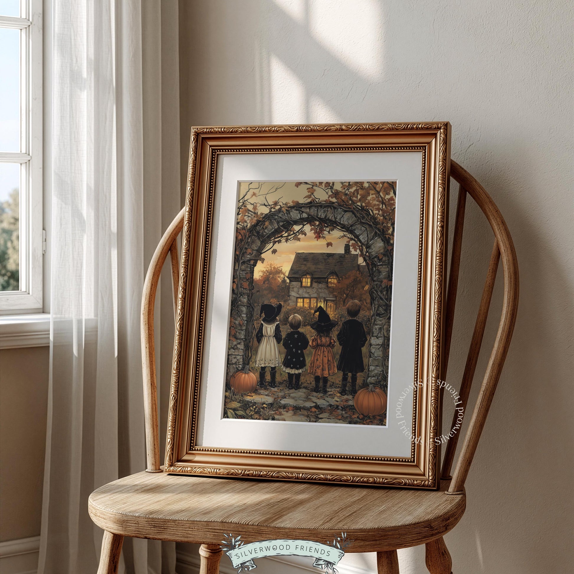 Autumn cottage painting for hallway — child figures in costumes, amber lighting, cottagecore Halloween charm