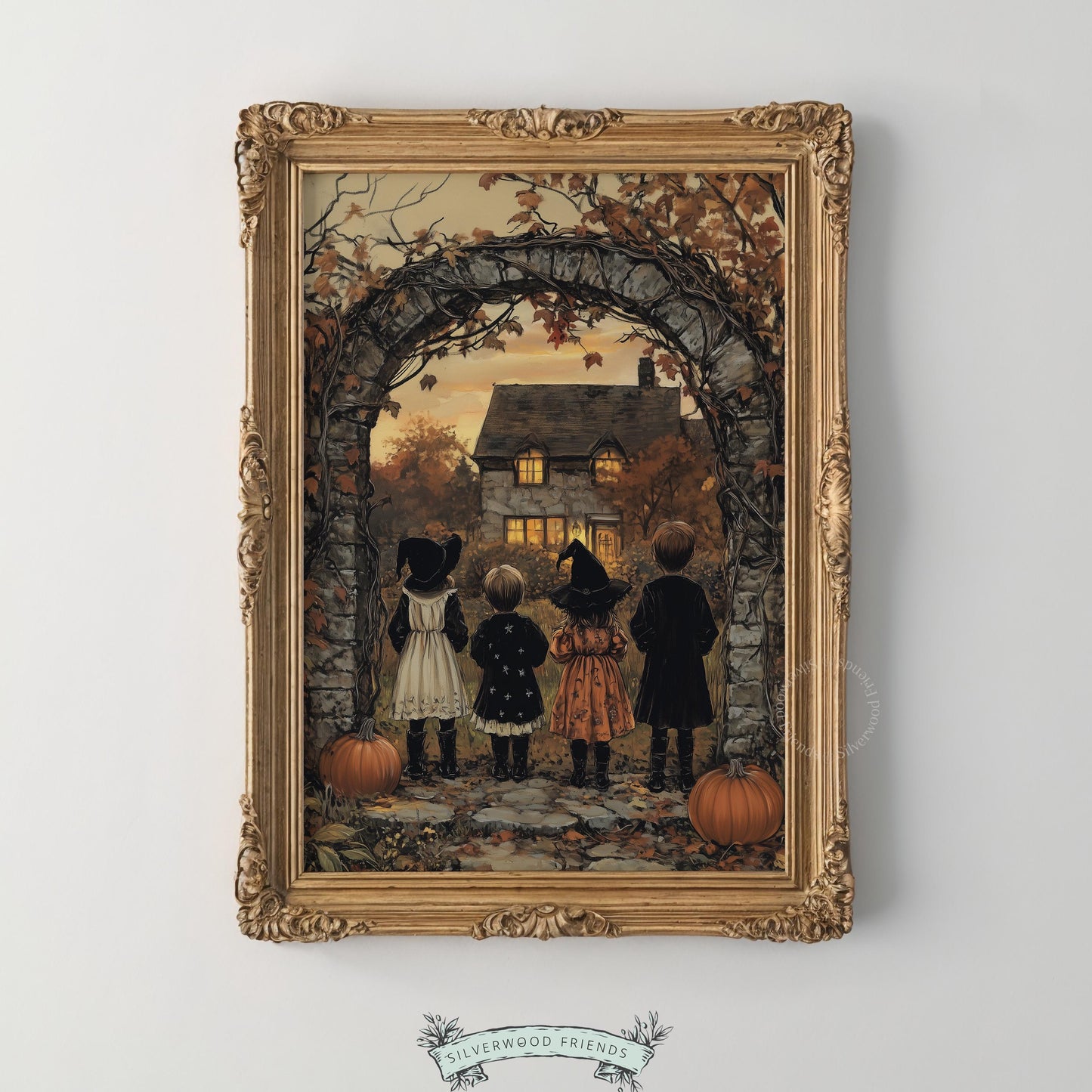 Cozy Halloween wall art for family room — four young trick-or-treaters, stone archway, warm dusk lighting, autumn leaves