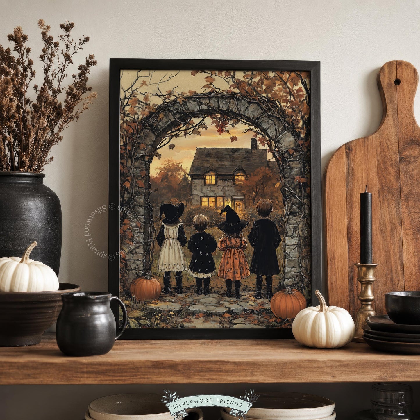 Vintage Halloween illustration wall art for playroom — cottage with warm windows, pumpkin path, storybook aesthetic