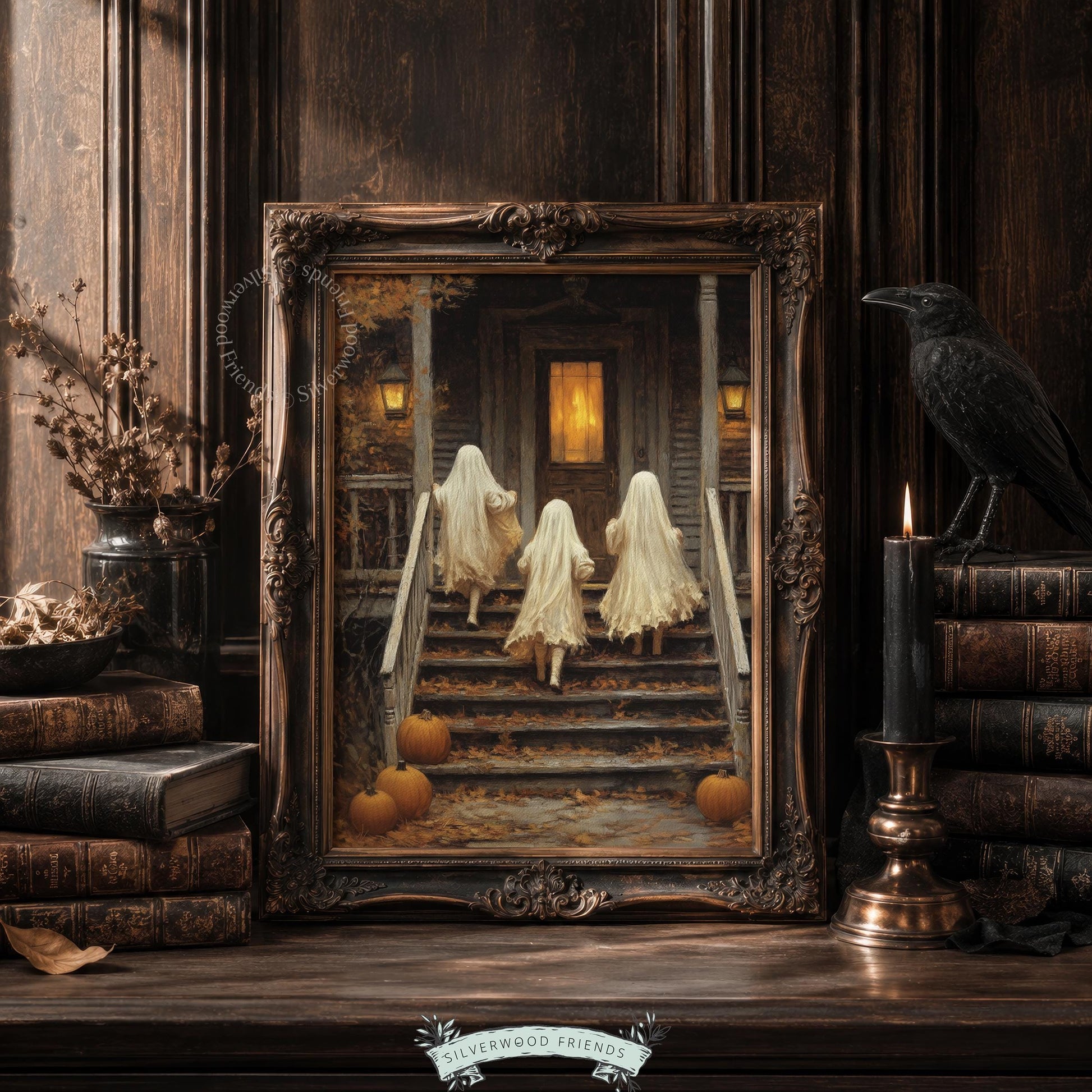 Three young ghosts approaching glowing house doorway wall art for entryway — dark academia-inspired Halloween painting with autumn details