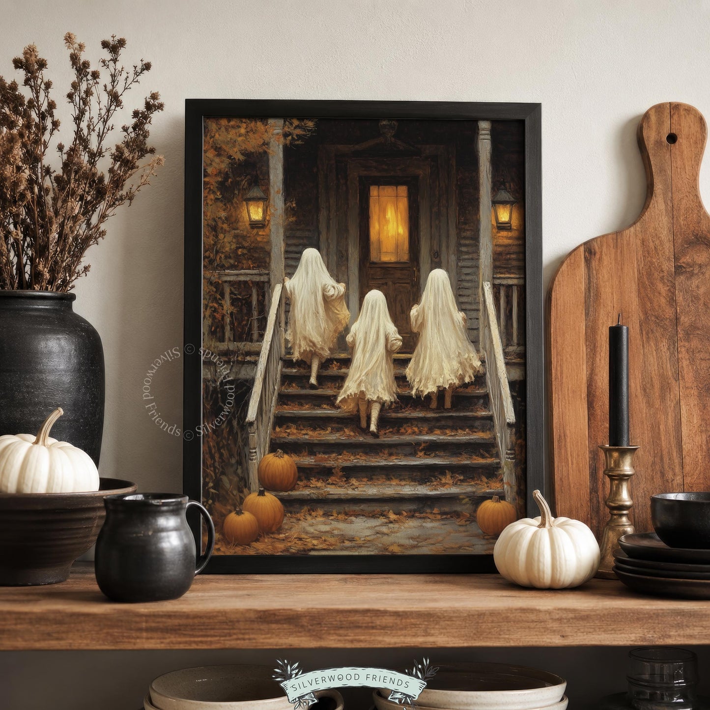 Porch staircase ghost children digital download print — dark, cottagecore Halloween wall art with seasonal autumn leaves and lantern light
