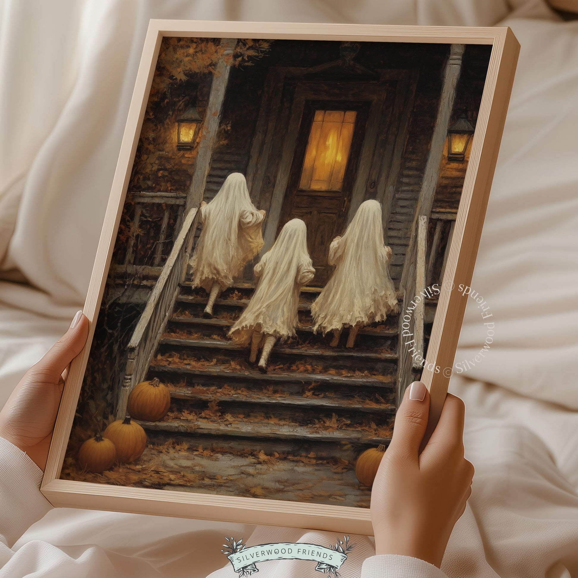 Three young ghosts approaching porch printable wall art — cottagecore spooky illustration with rich brown tones and painterly detail