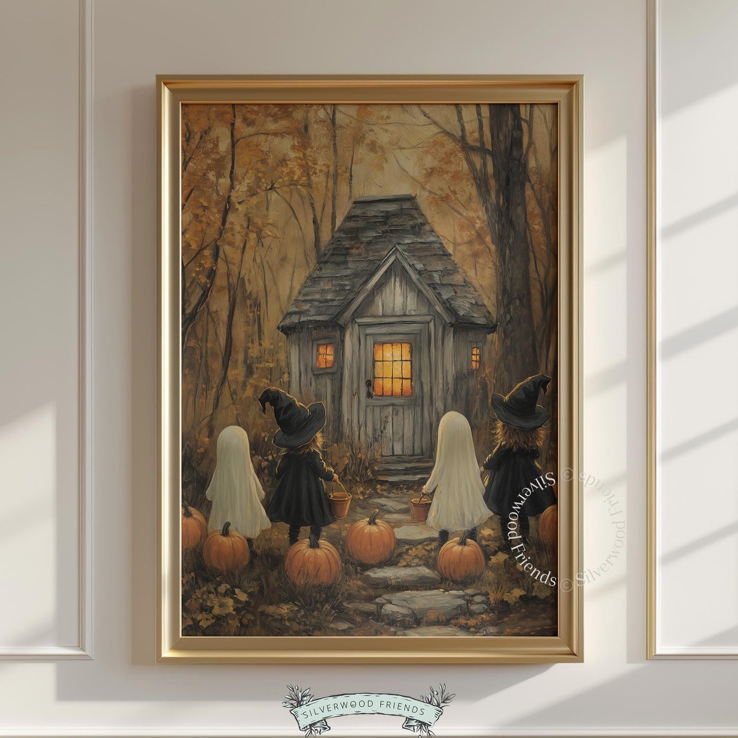 Cozy Halloween cottage poster for kids' spaces — ghostly figures with witch approaching harvest-themed home