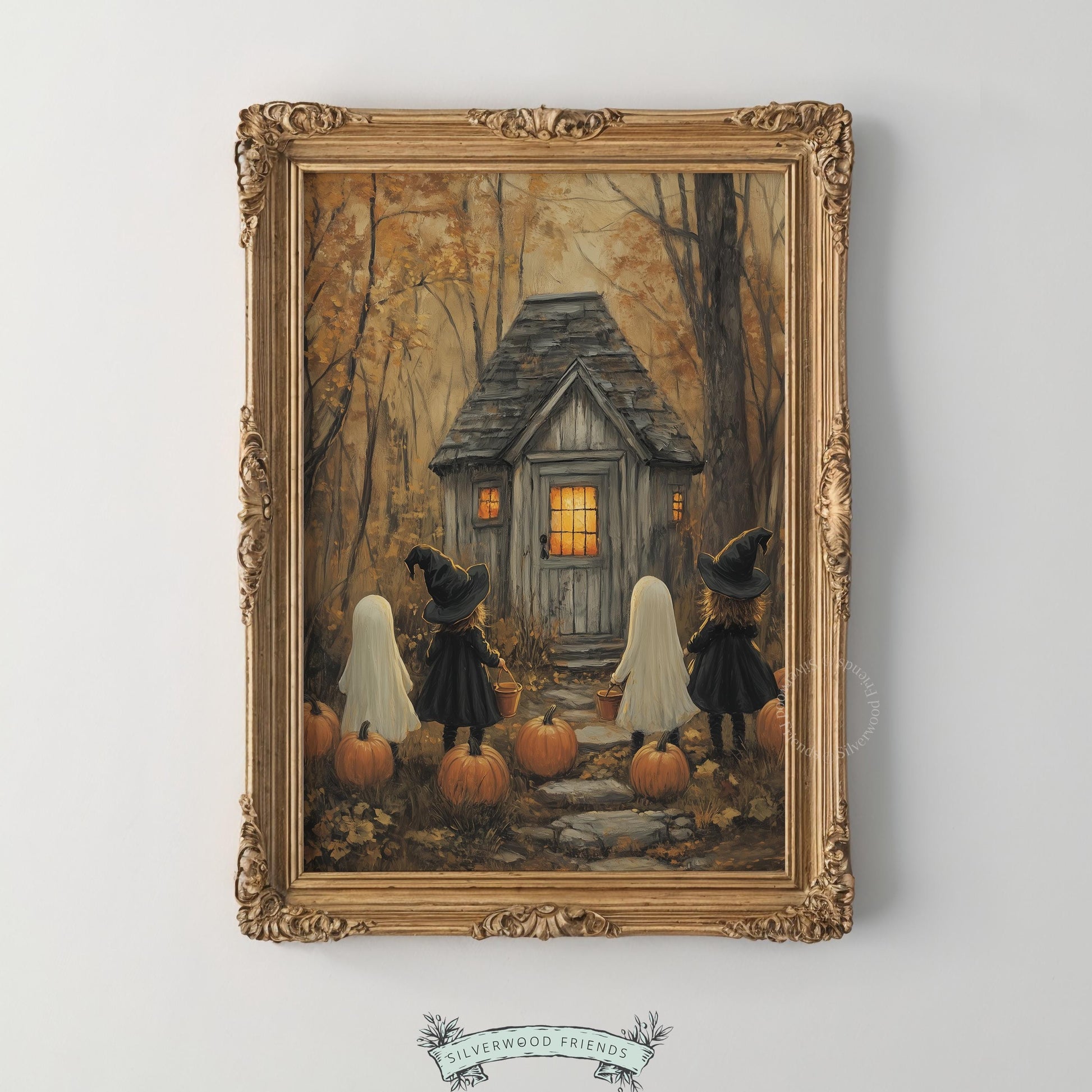 Halloween nostalgia picture poster for fall entertaining spaces — children approaching candlelit cottage with amber foliage