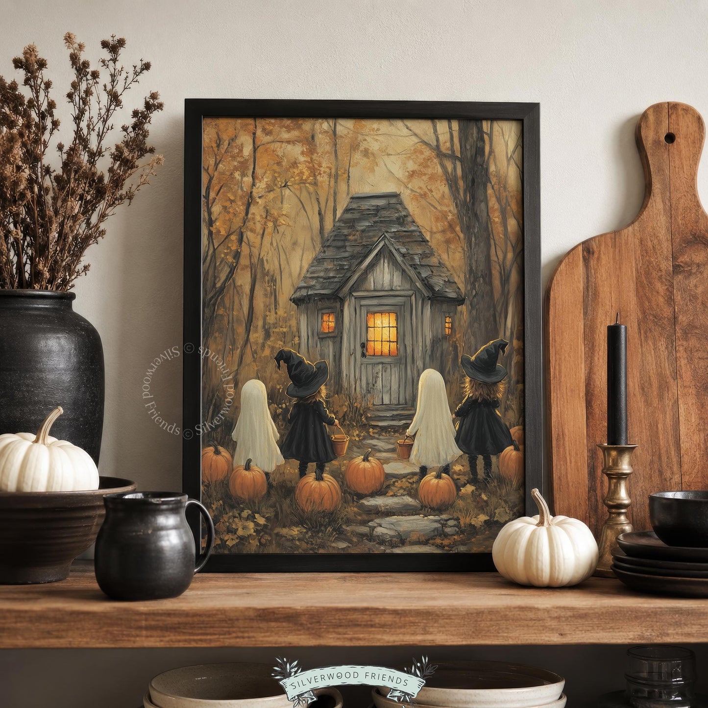 Warm-toned trick-or-treat scene wall art poster — softly painted children at cottage with glowing windows