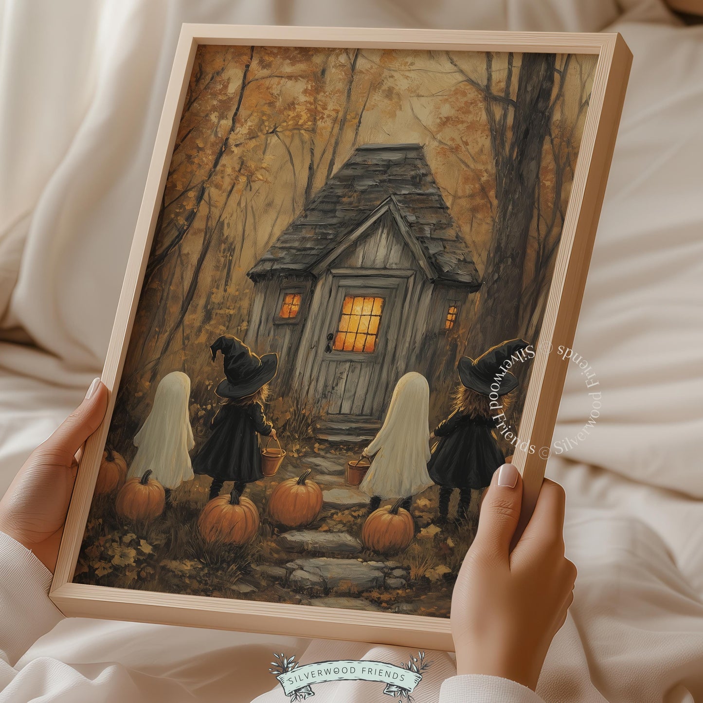 Spooky-cozy season digital print for seasonal wall decor — aged color palette featuring trick-or-treaters and woodland home