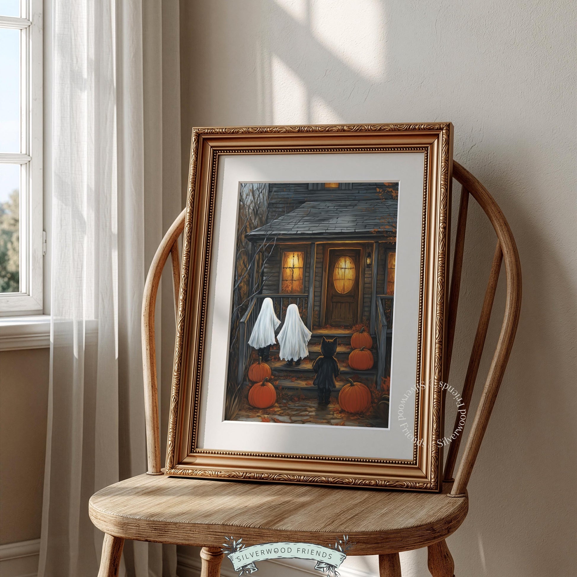 Trick-or-treating at old manor picture for gallery wall — moody autumn palette with warm amber light and rustic charm