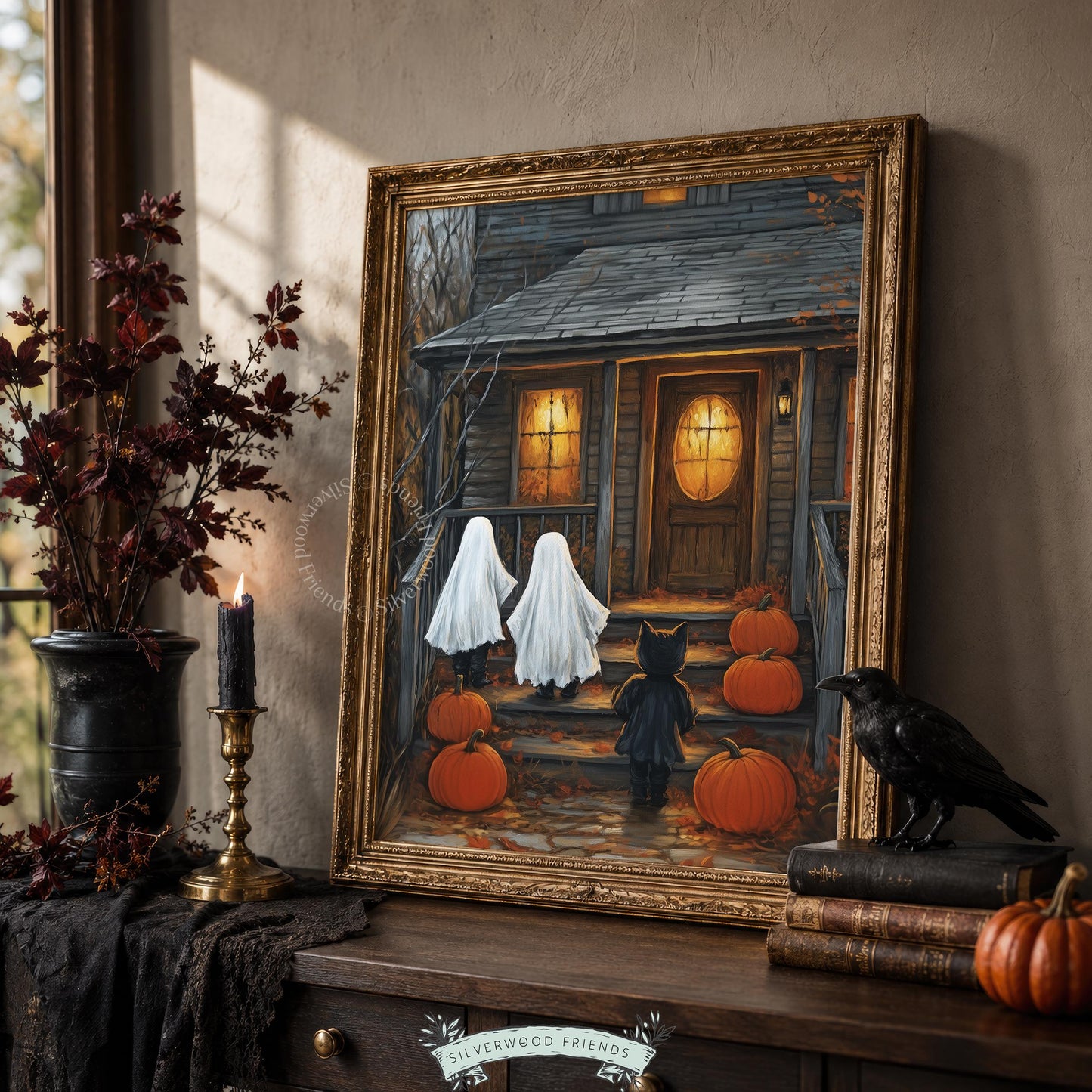 Ghostly Halloween gathering poster for bedroom — weathered cottage with jack-o'-lanterns and visitors in moody autumn-toned illustration