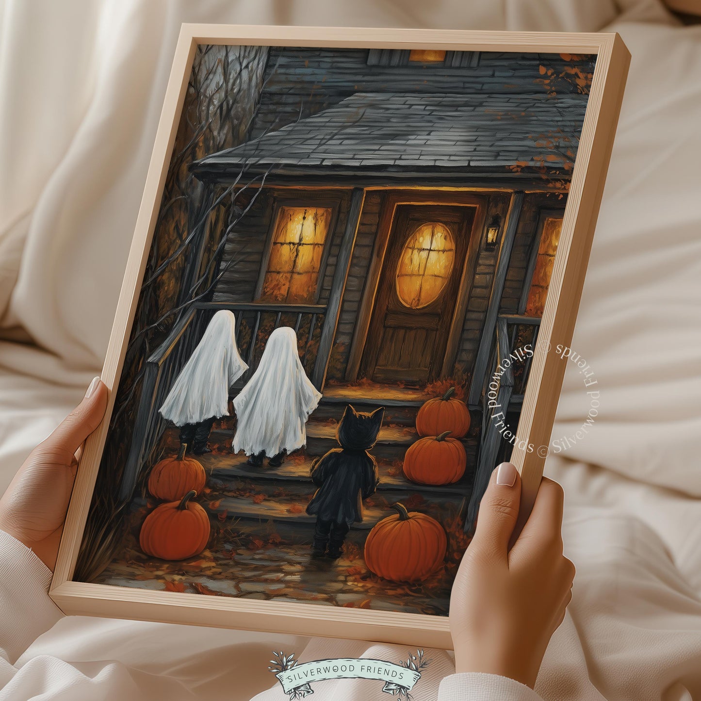 Spooky season porch scene digital print for hallway — weathered mansion with jack-o'-lanterns and vintage textured brushwork
