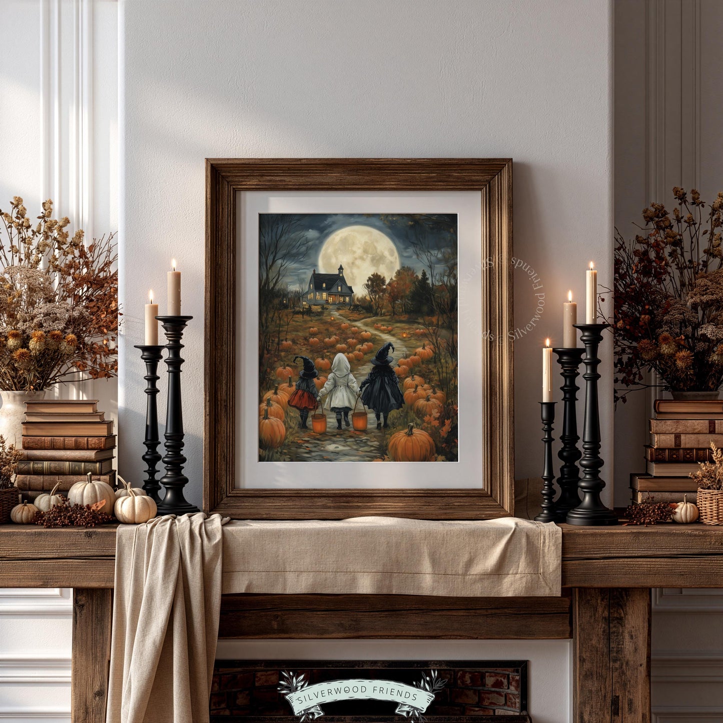 Witch and ghost children trick-or-treating wall art for fall — moody farmhouse scene with full moon and pumpkins