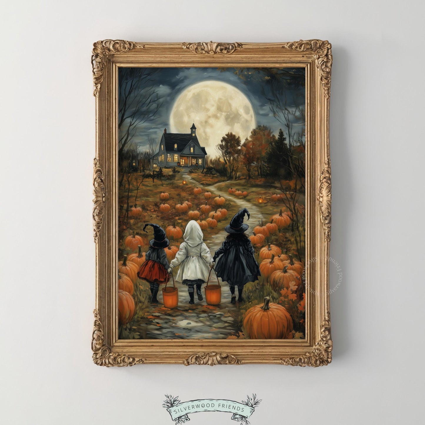 Three young trick-or-treaters in pumpkin field wall picture for bedroom — moody vintage Halloween aesthetic