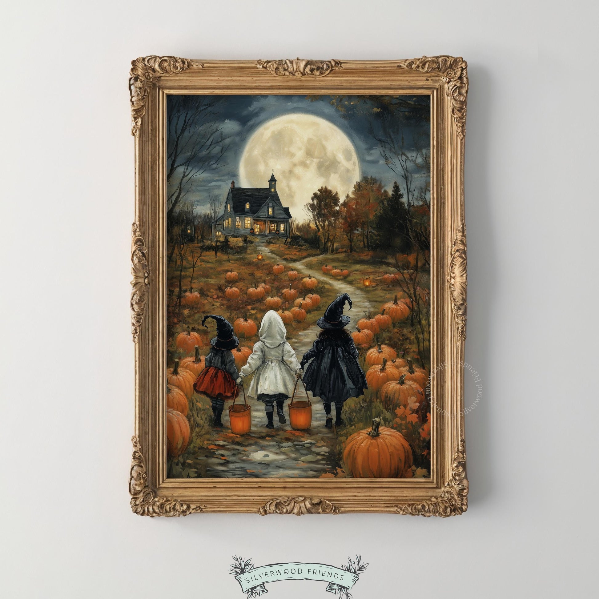 Three young trick-or-treaters in pumpkin field wall picture for bedroom — moody vintage Halloween aesthetic