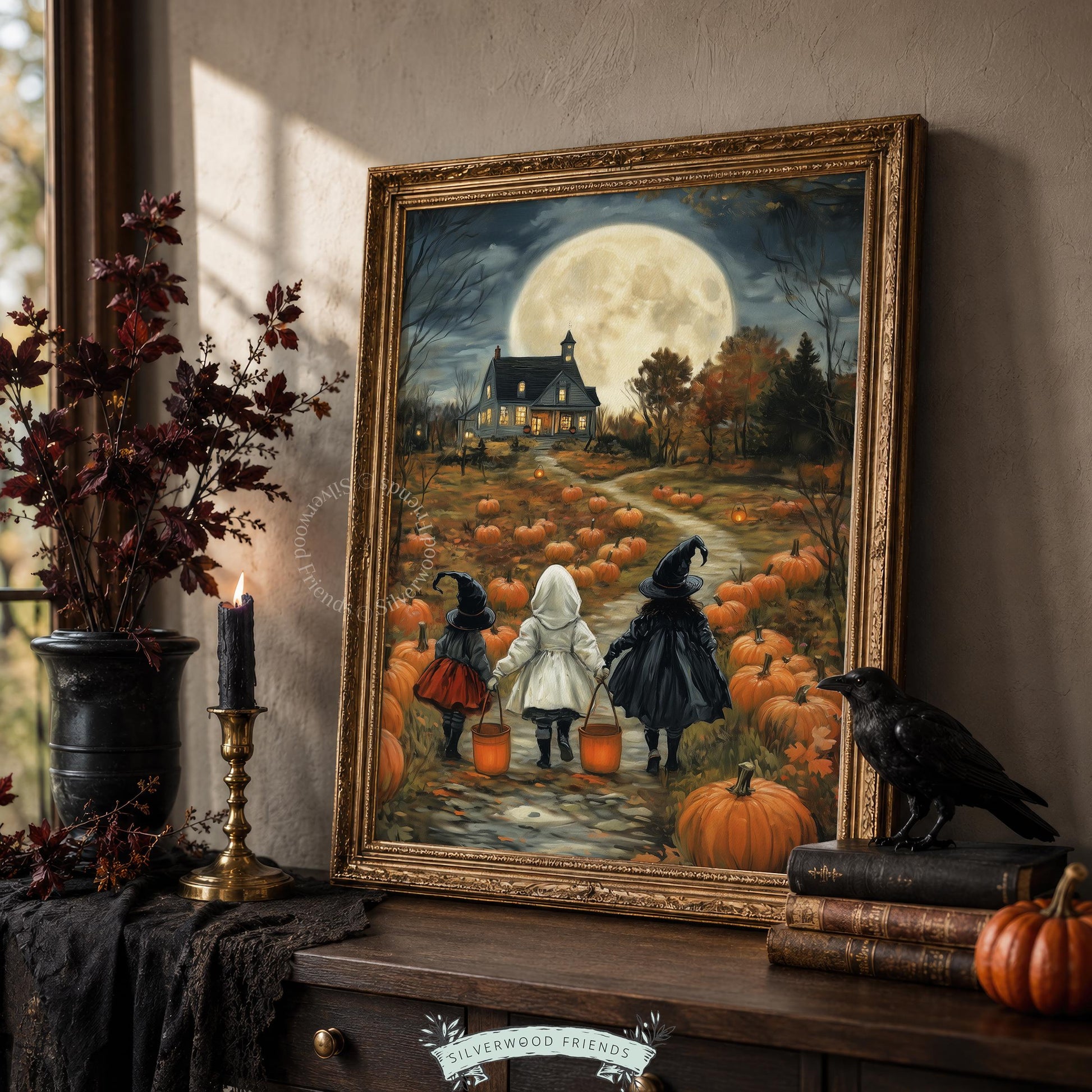 Bare trees and pumpkins path with three children in capes printable poster for den — eerie seasonal mood