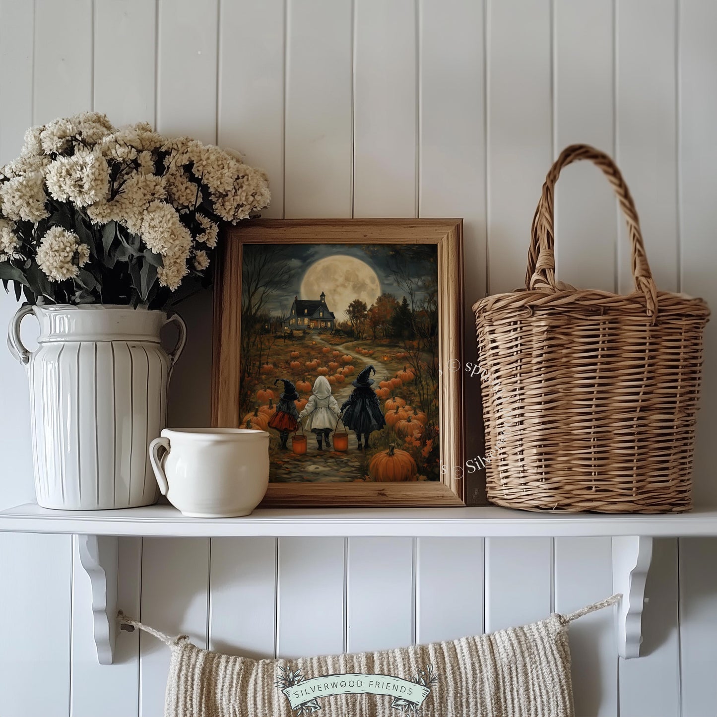 Spooky harvest scene with witch-hatted and ghost-caped kids digital print for hallway — moody fall hosting decor