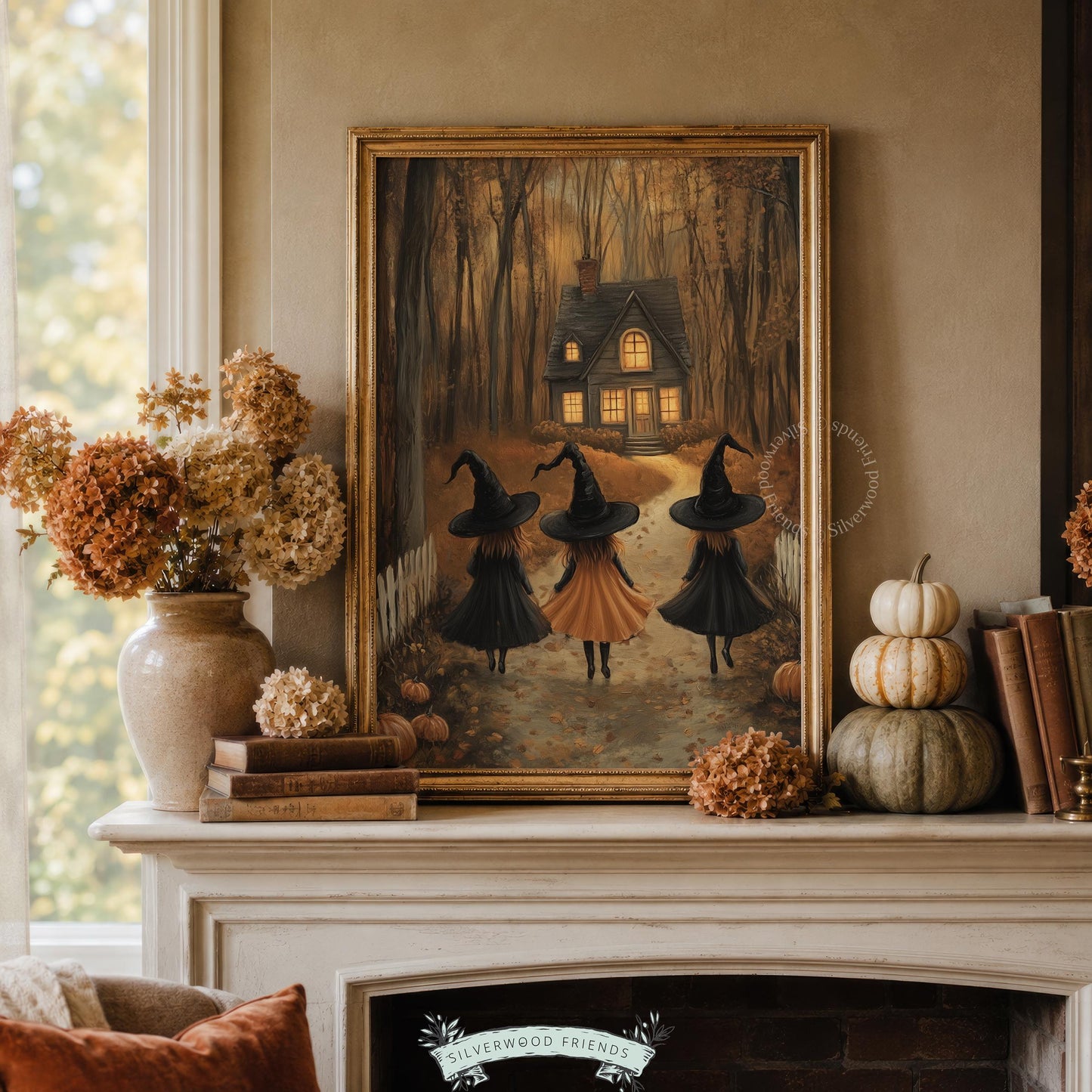 Cozy cabin wall art print for living room — three witches silhouette in Halloween forest, vintage brushed texture