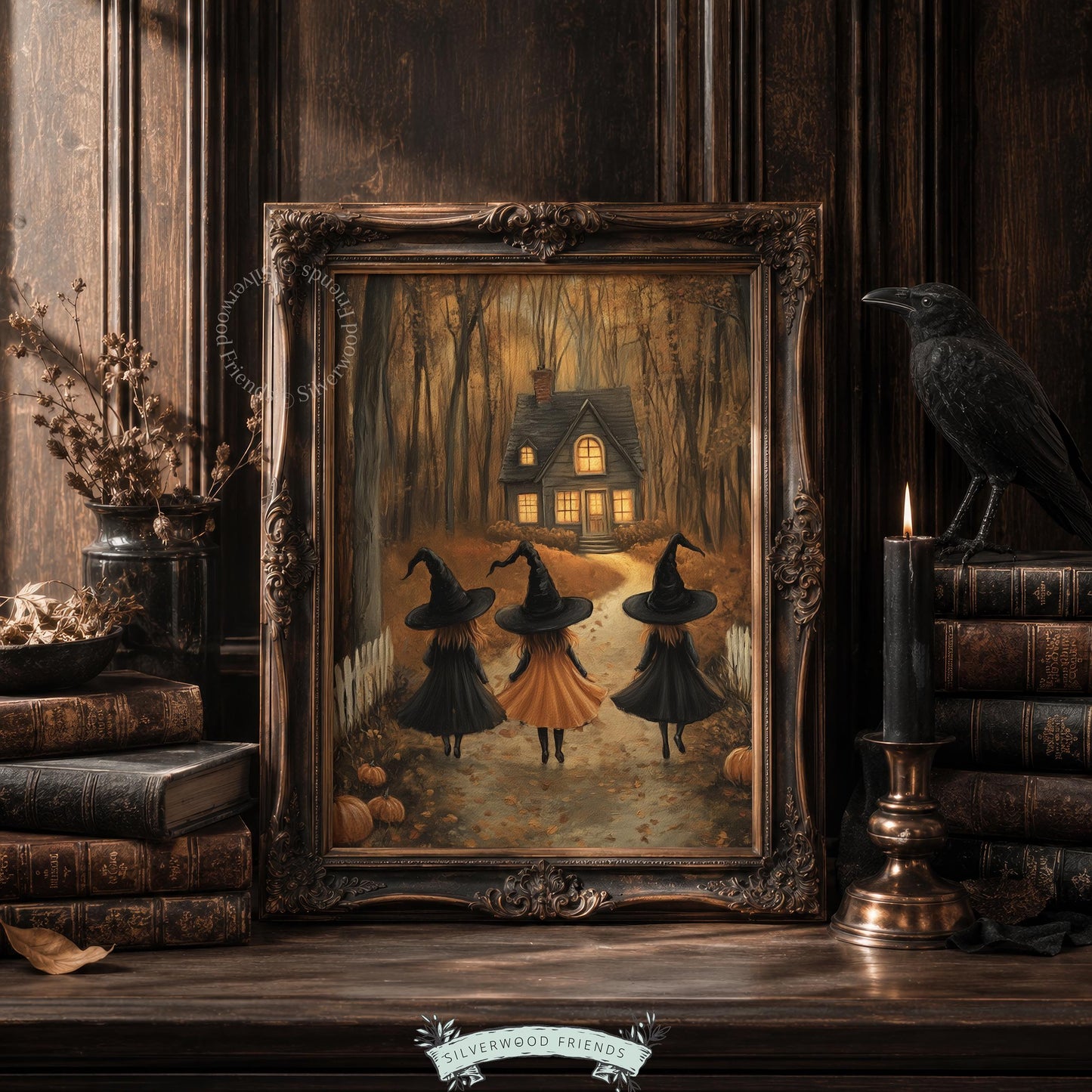 Witchy forest poster printable art for living room — vintage Halloween scene with orange dress and dark woods