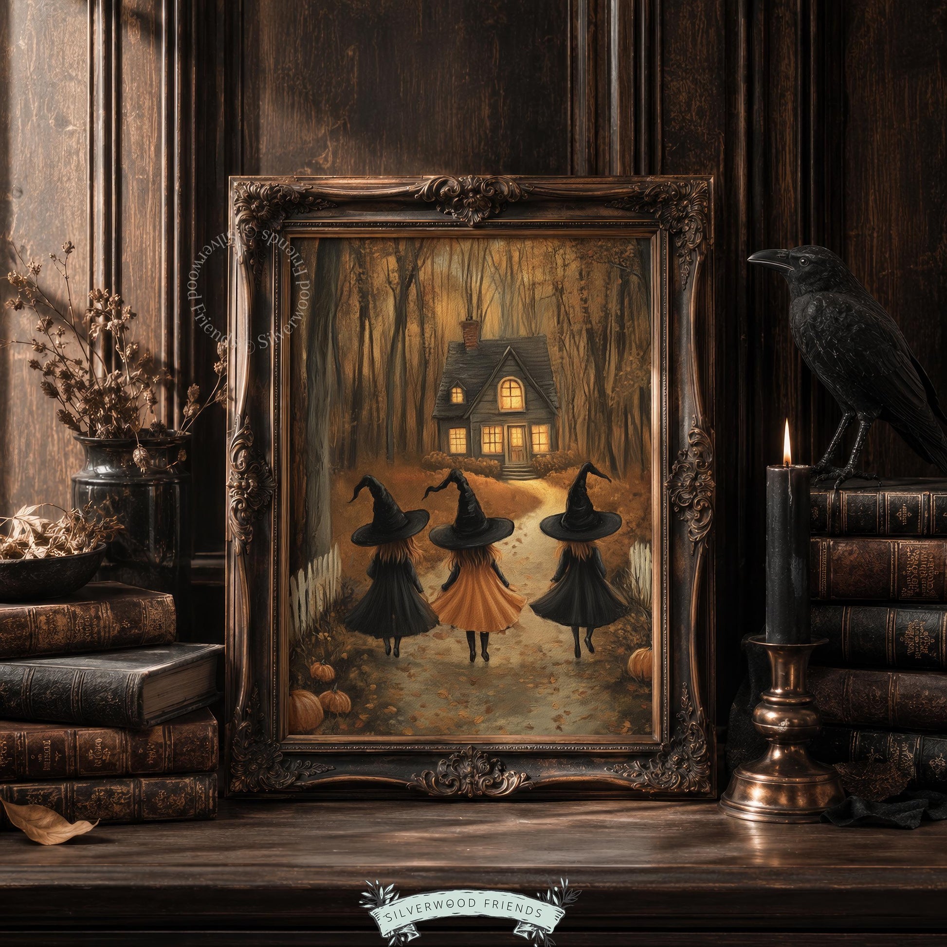 Witchy forest poster printable art for living room — vintage Halloween scene with orange dress and dark woods