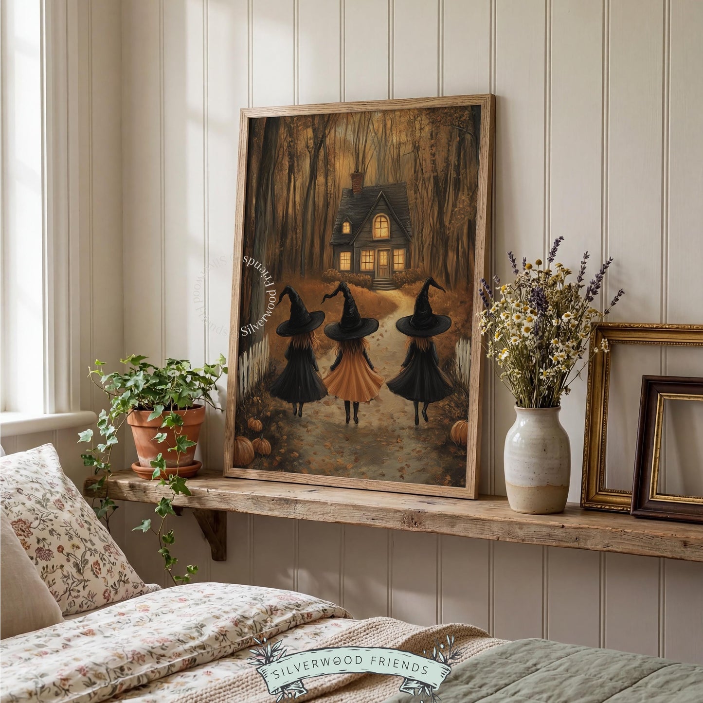 Glowing cottage picture digital print for entryway — spooky woodland path with three magical figures