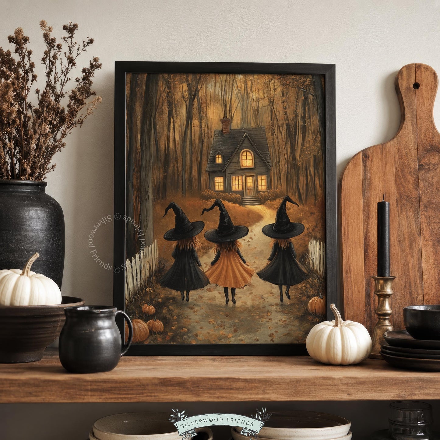 Dark autumn painting printable art for hallway — atmospheric forest scene with glowing home and autumn details