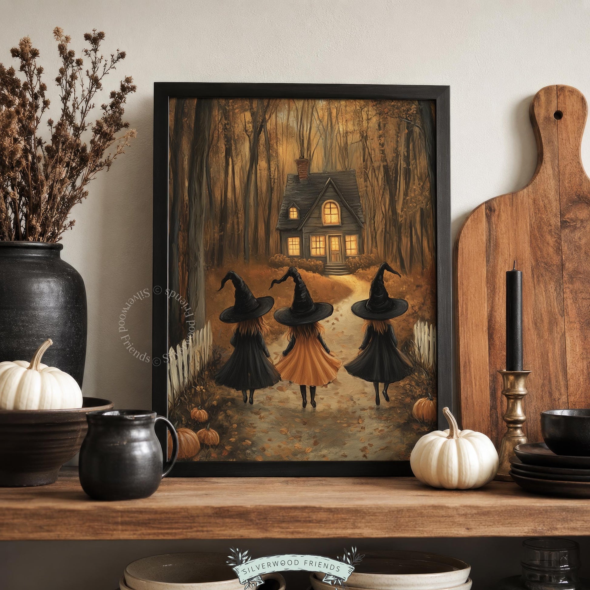 Dark autumn painting printable art for hallway — atmospheric forest scene with glowing home and autumn details