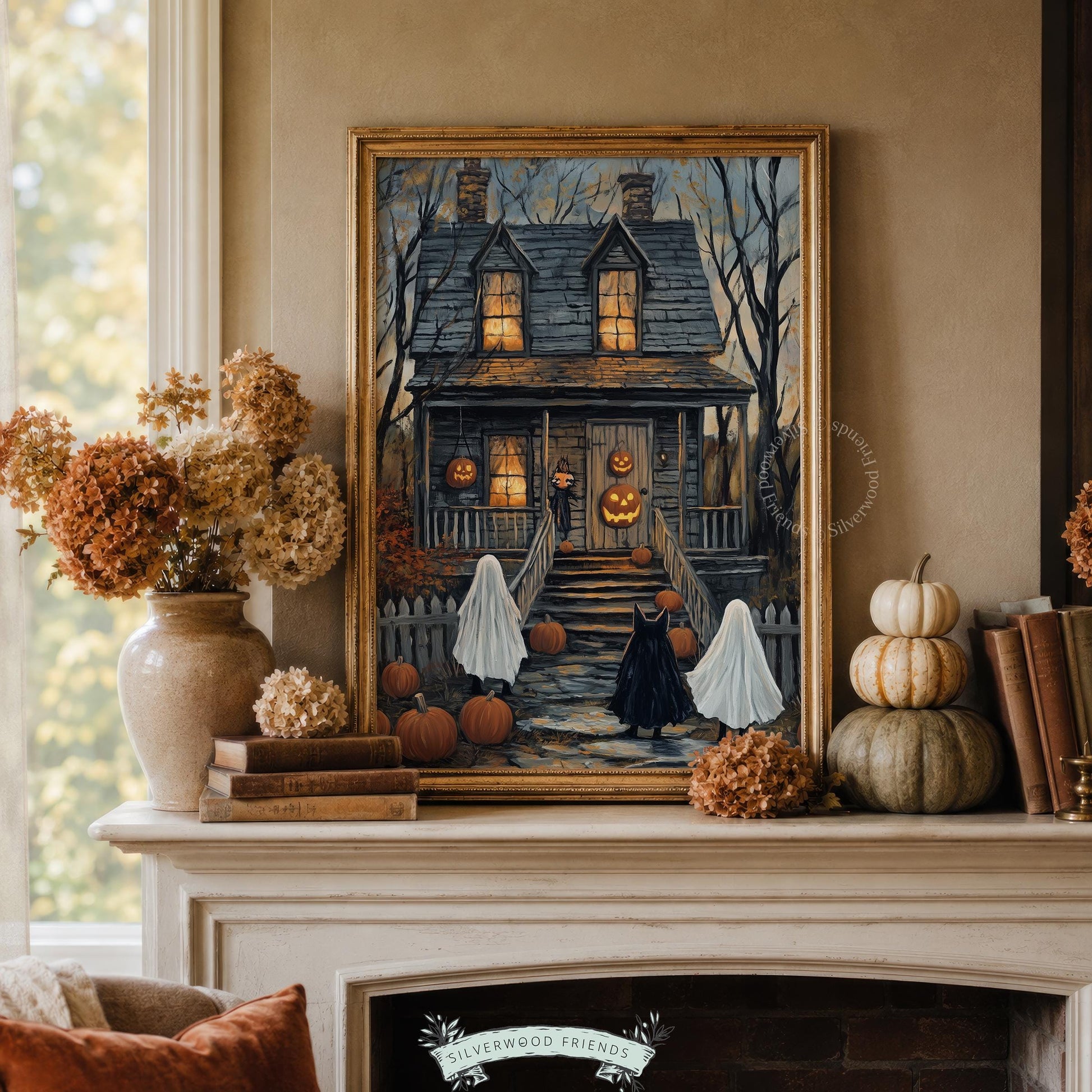 Spooky season wall print for living room — children in ghost costumes approaching dark manor with pumpkin-lit porch